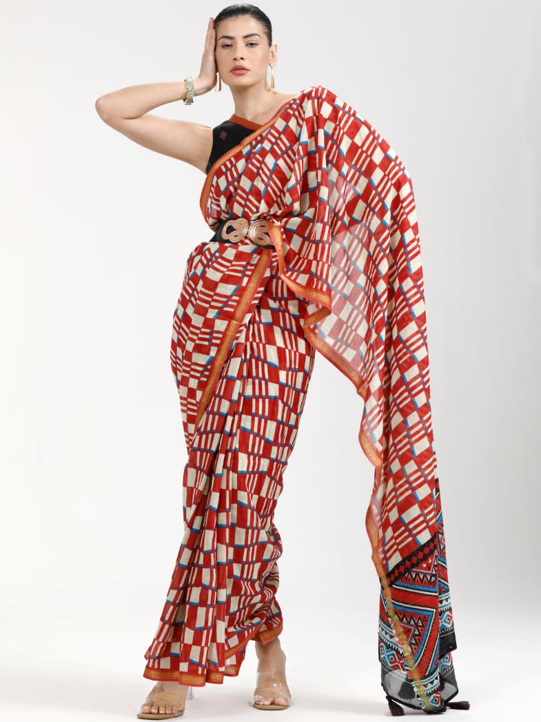 BURNT ORANGE VISCOSE MUL LIVA DIGITAL PRINTED SAREE