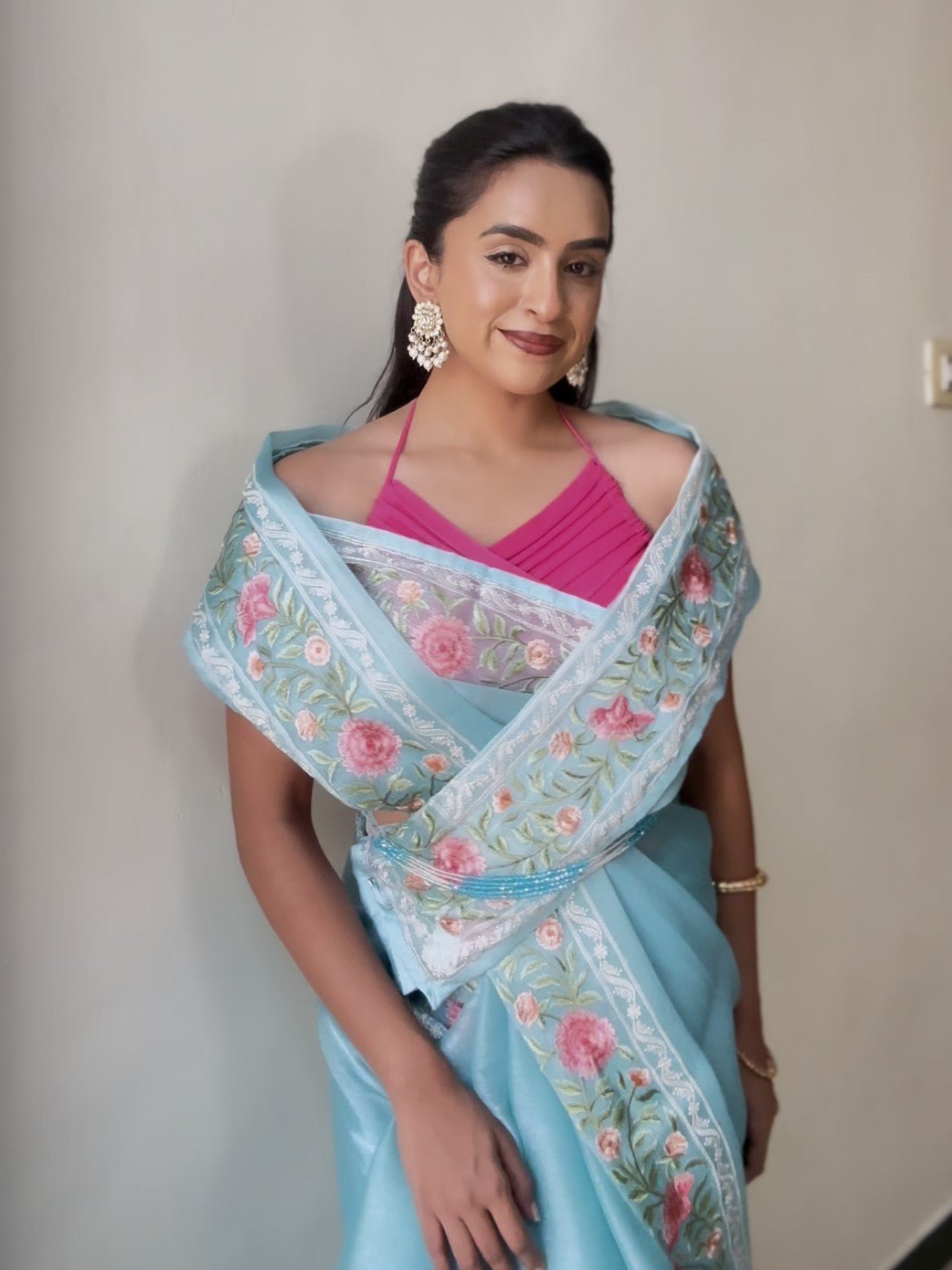 CHANDANA SIVAKUMAR IN ORGANZA GUCCI ROSE EMBROIDERY SAREE
