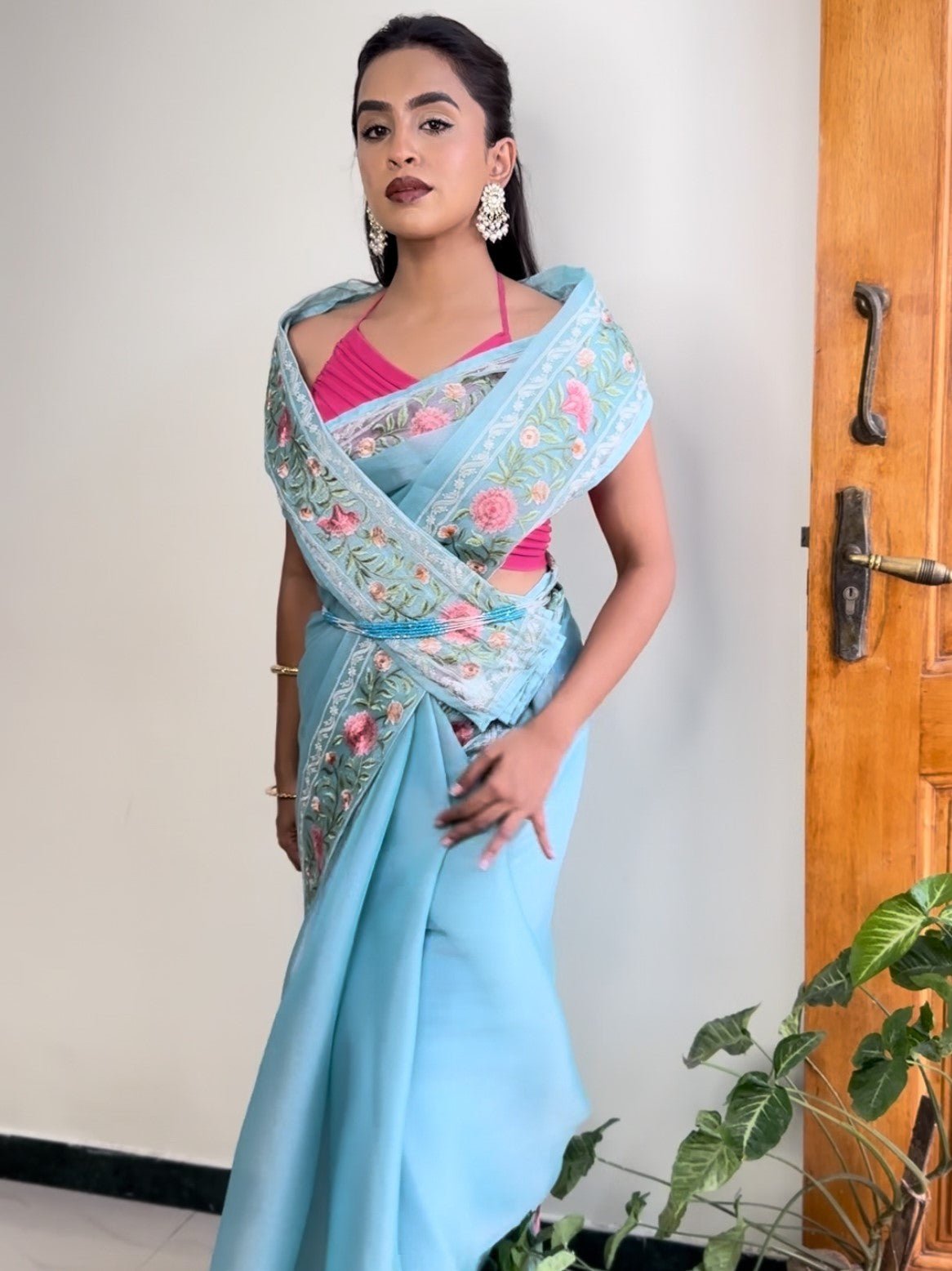 CHANDANA SIVAKUMAR IN ORGANZA GUCCI ROSE EMBROIDERY SAREE
