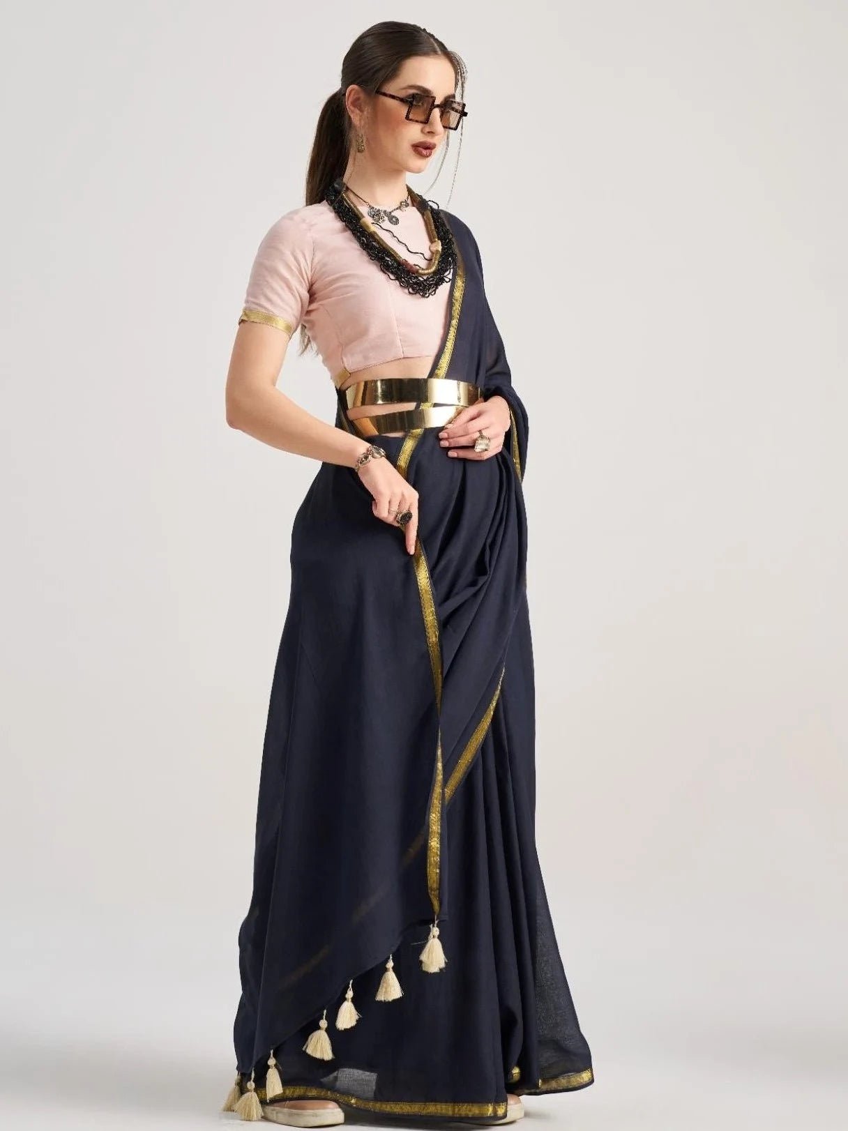 CHARCOAL BLACK MULMUL COTTON LIVA SOLID SAREE