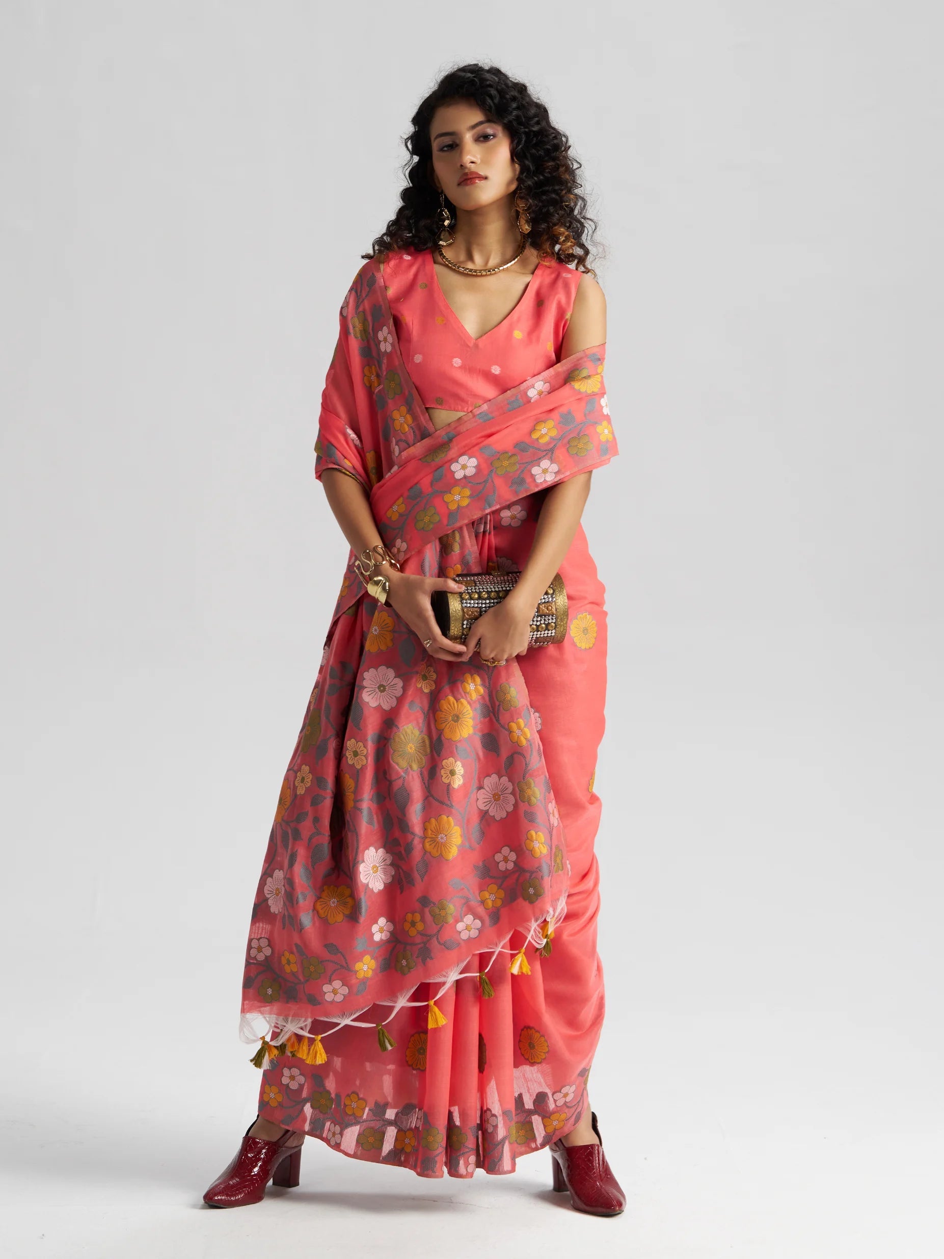 CORAL PINK COTTON SILK GARDENIA SAREE