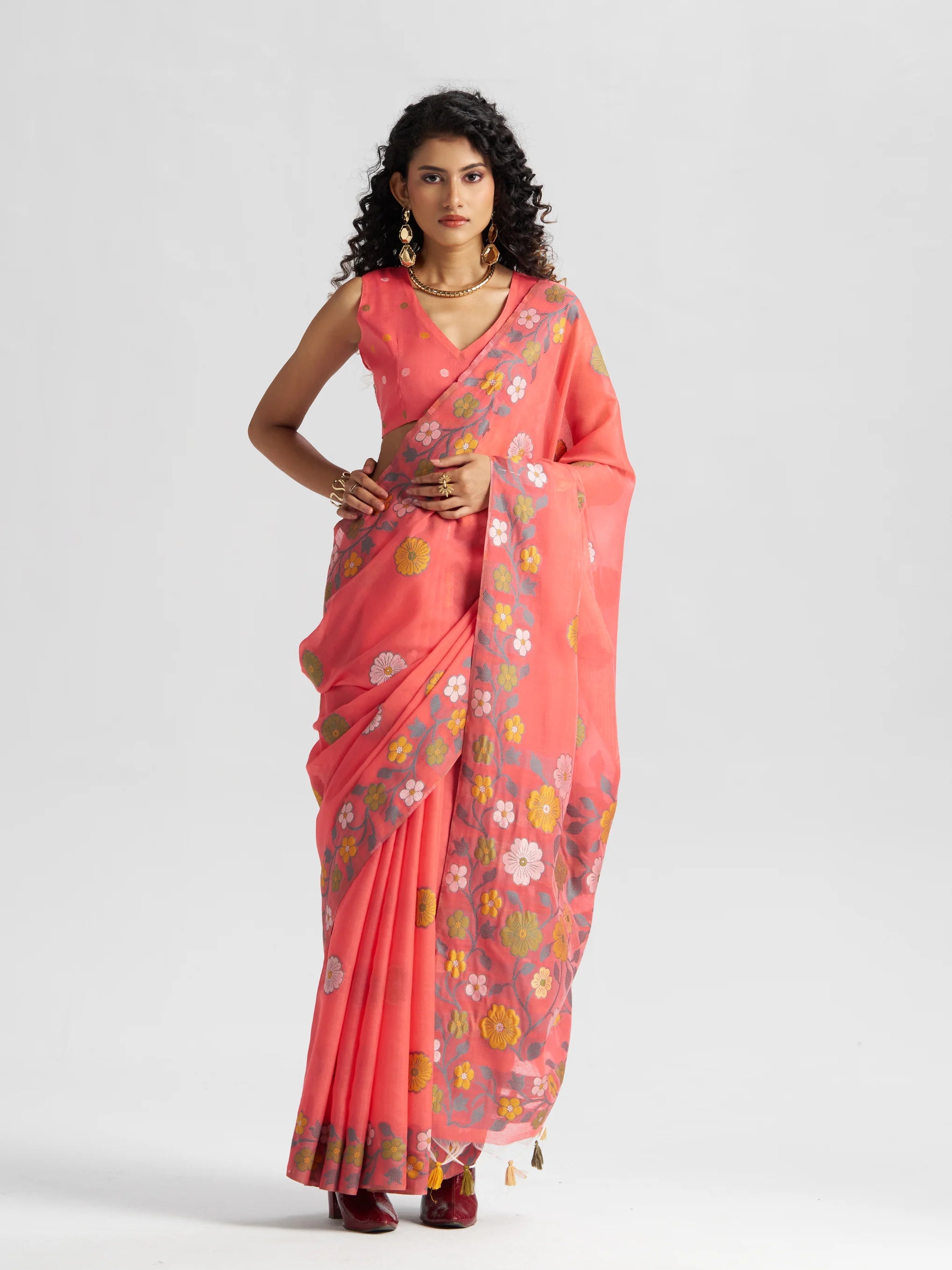 CORAL PINK COTTON SILK GARDENIA SAREE