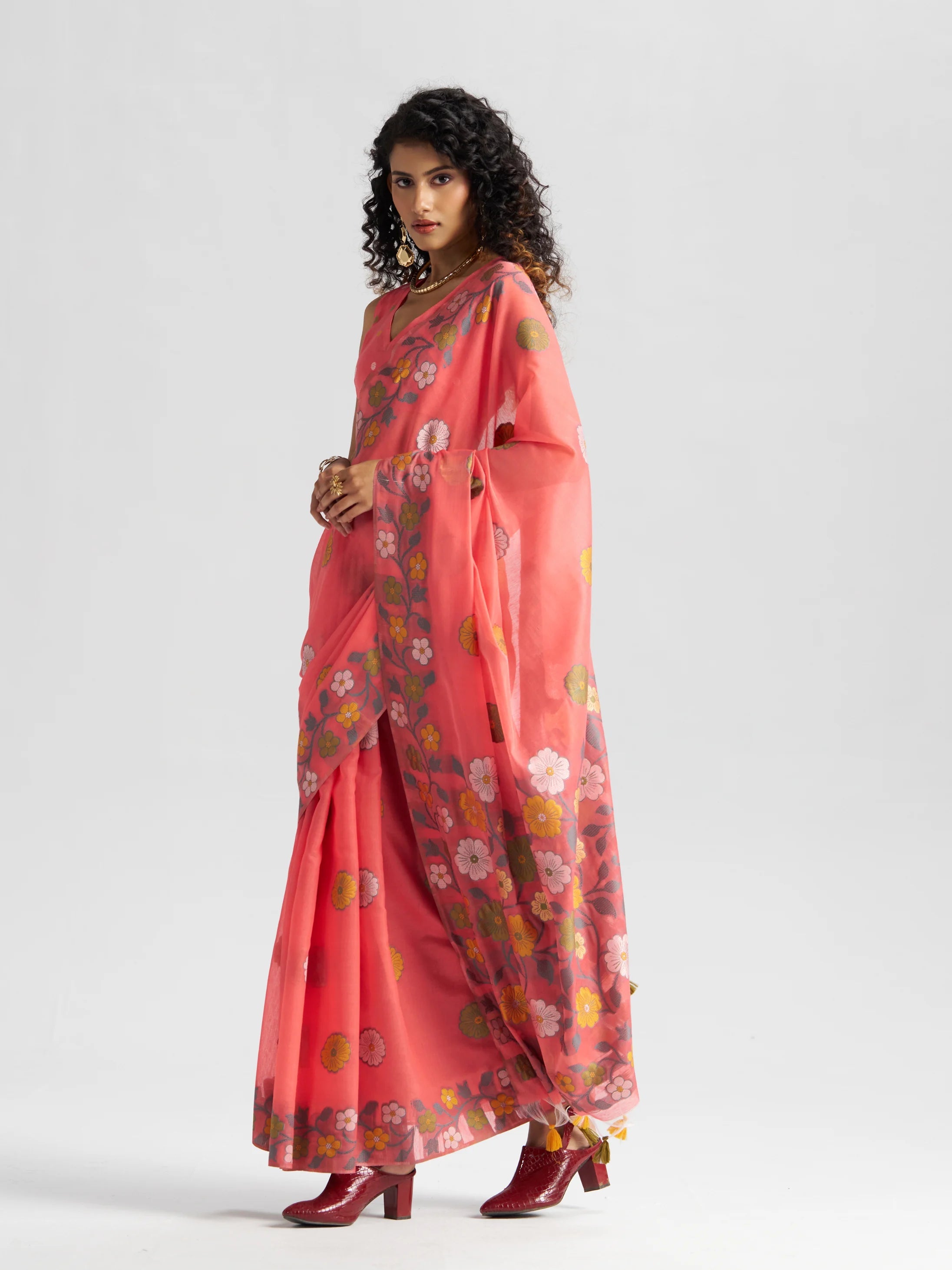 CORAL PINK COTTON SILK GARDENIA SAREE