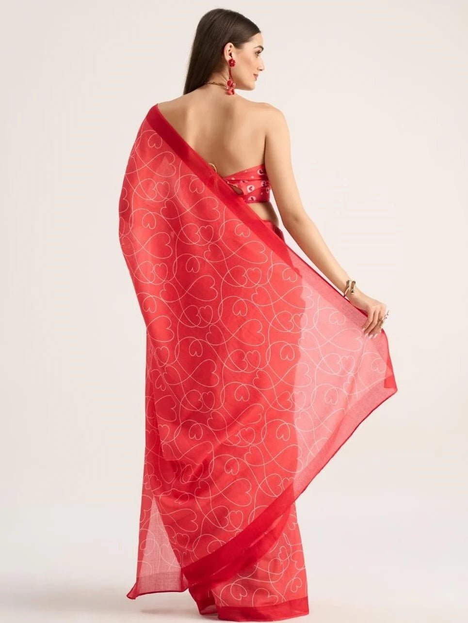 CORAL RED MULMUL COTTON LIVA DIGITAL PRINTED SAREE