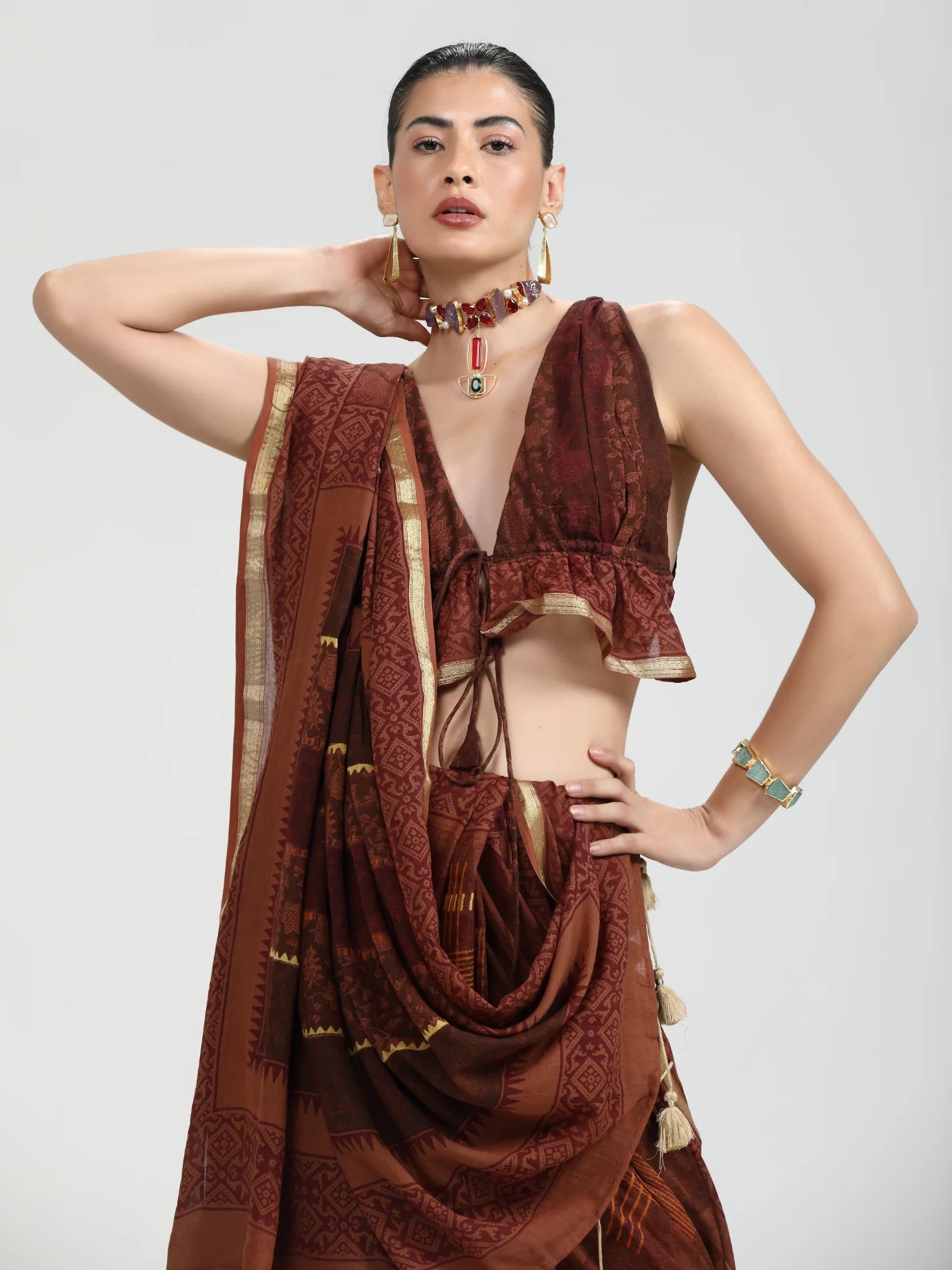 DARK BROWN MULMUL COTTON BLOCK PRINTED SAREE