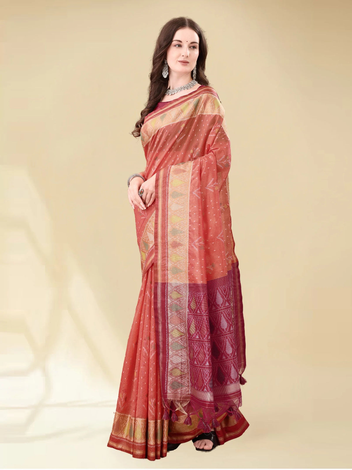 DARK CARROT HANDWOVEN LEAF ART SILK SAREE