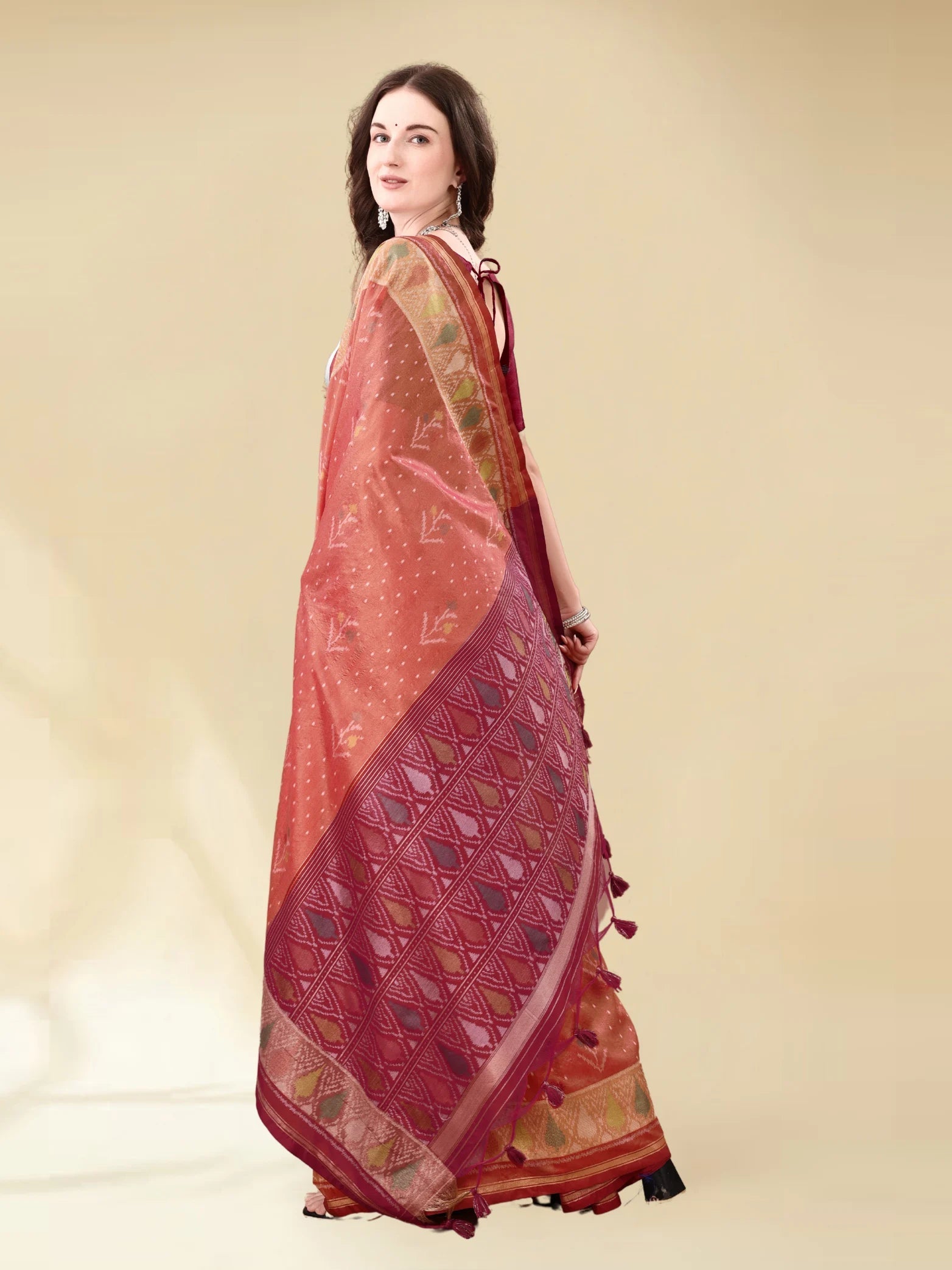 DARK CARROT HANDWOVEN LEAF ART SILK SAREE