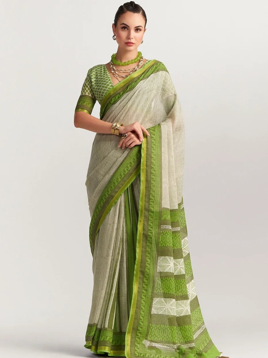 DARK GREEN VISCOSE MUL BLOCK PRINTED SAREE