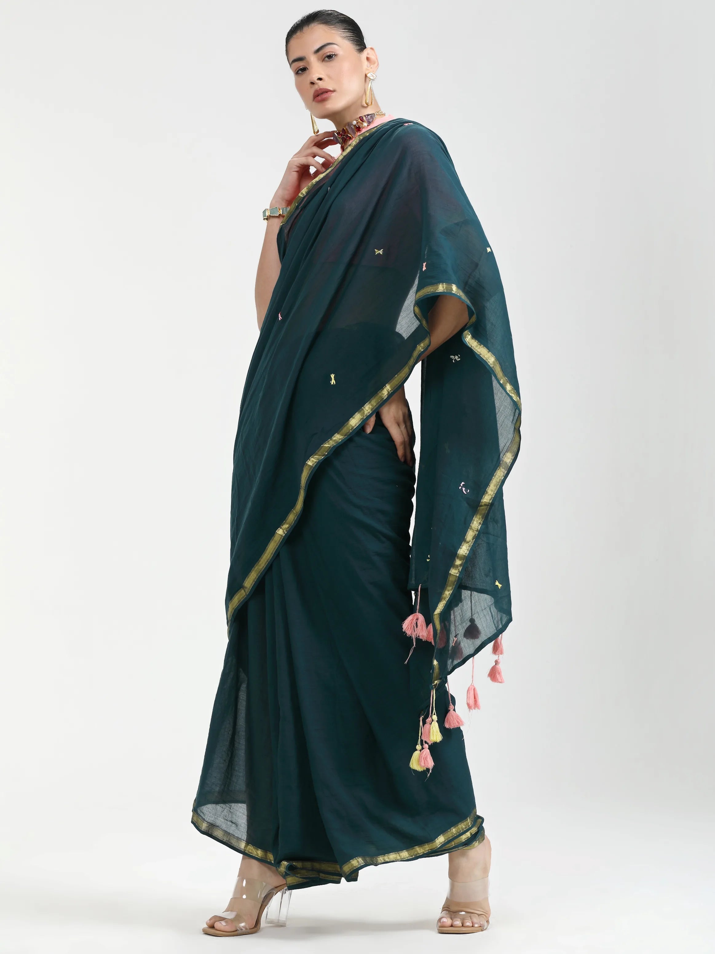 DARK GREEN VISCOSE MUL LIVA THREAD WORK SAREES