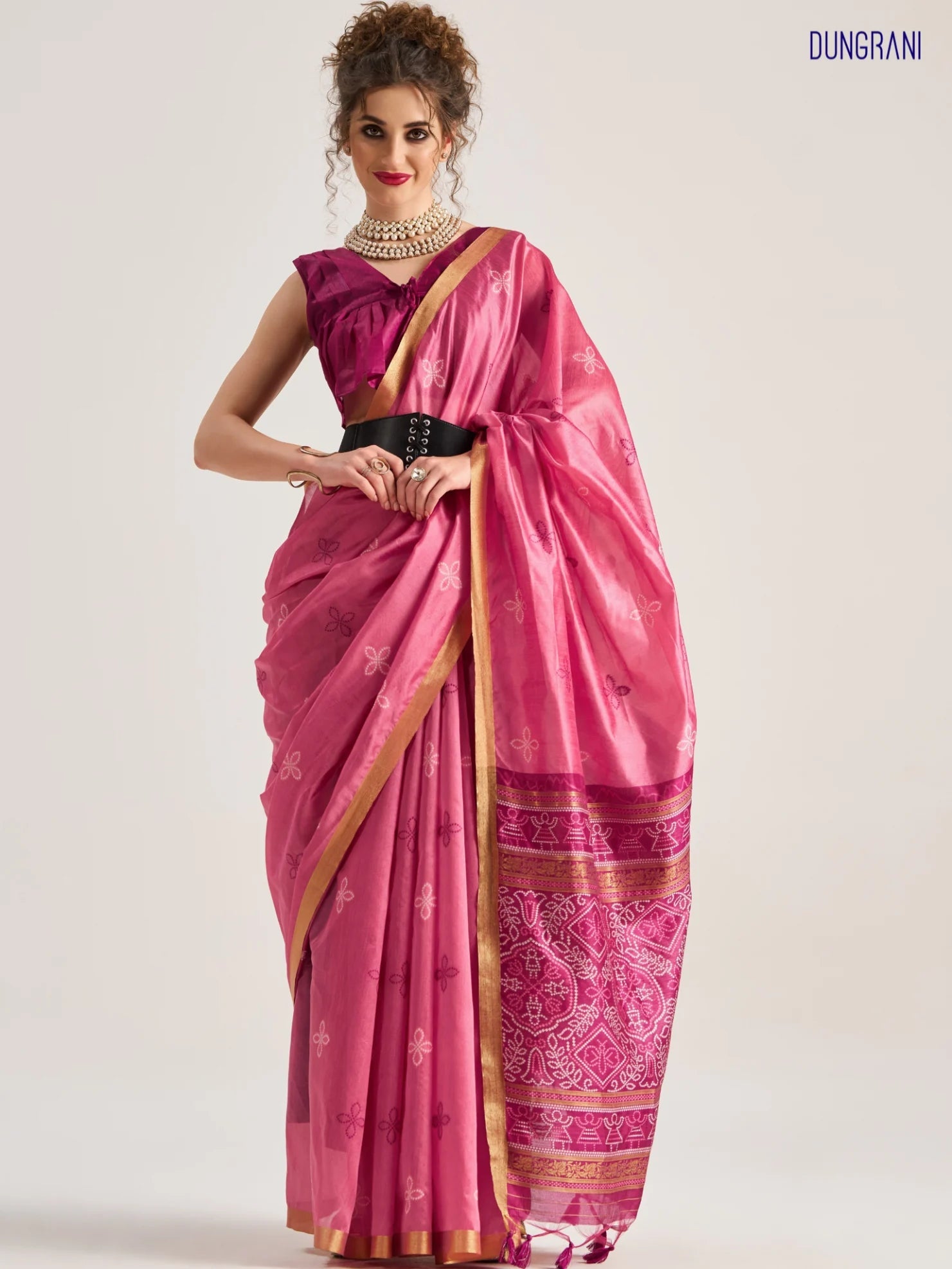 DARK PINK HANDWOVEN BANDHEJ ART SILK SAREE