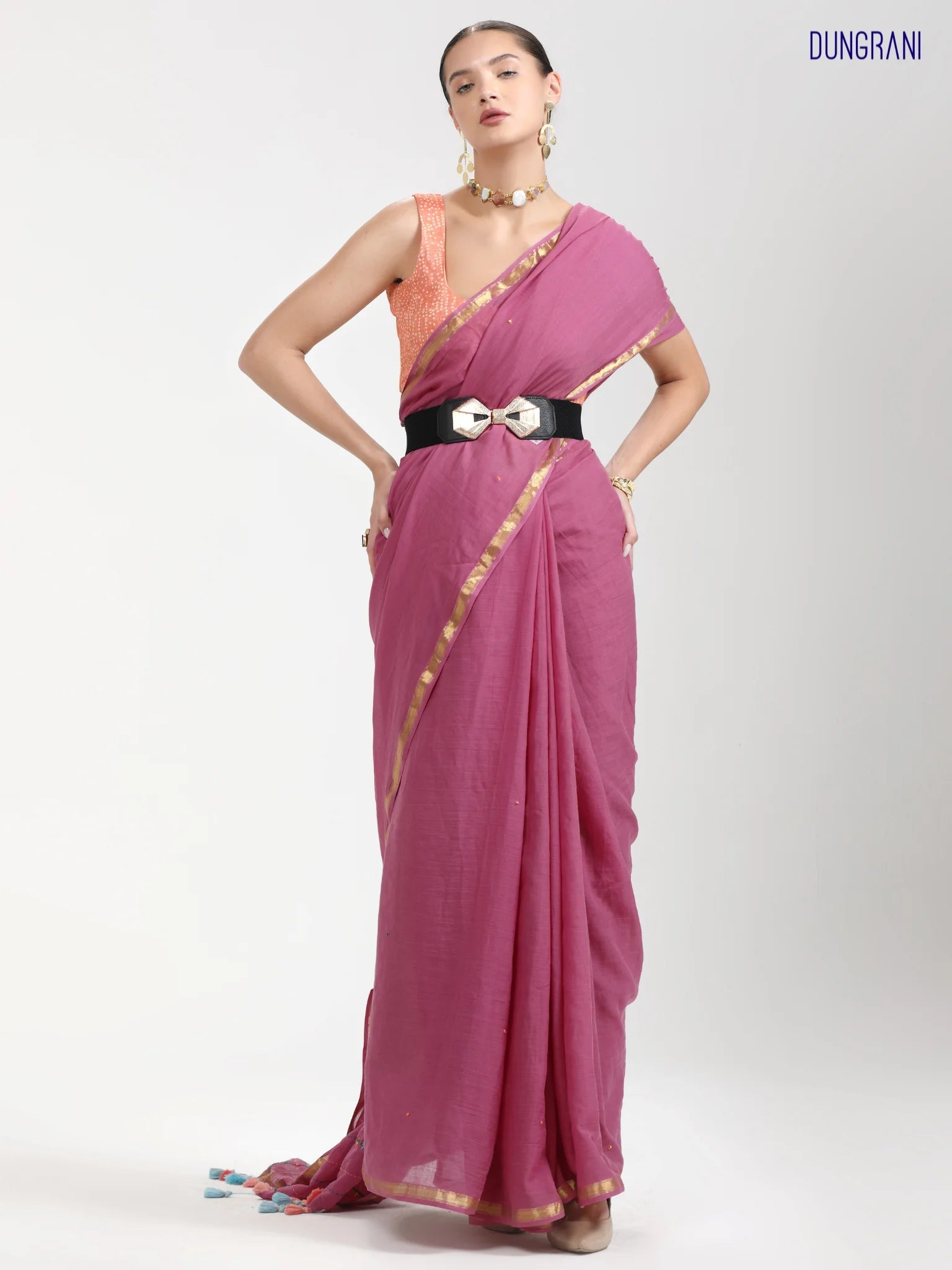 DARK PINK VISCOSE MUL LIVA THREAD WORK SAREES