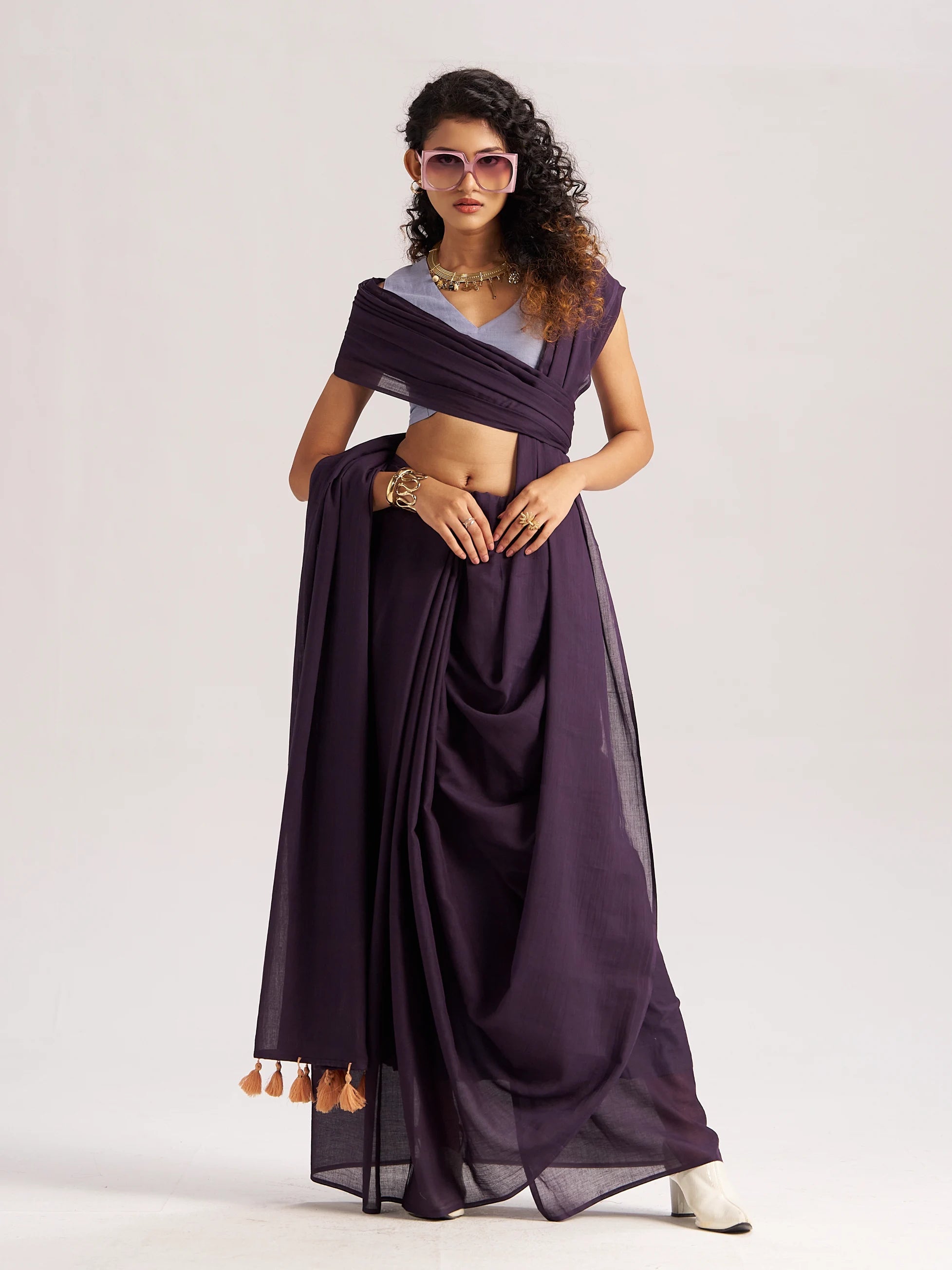 DARK PURPLE VISCOSE MUL LIVA SOLID SAREE