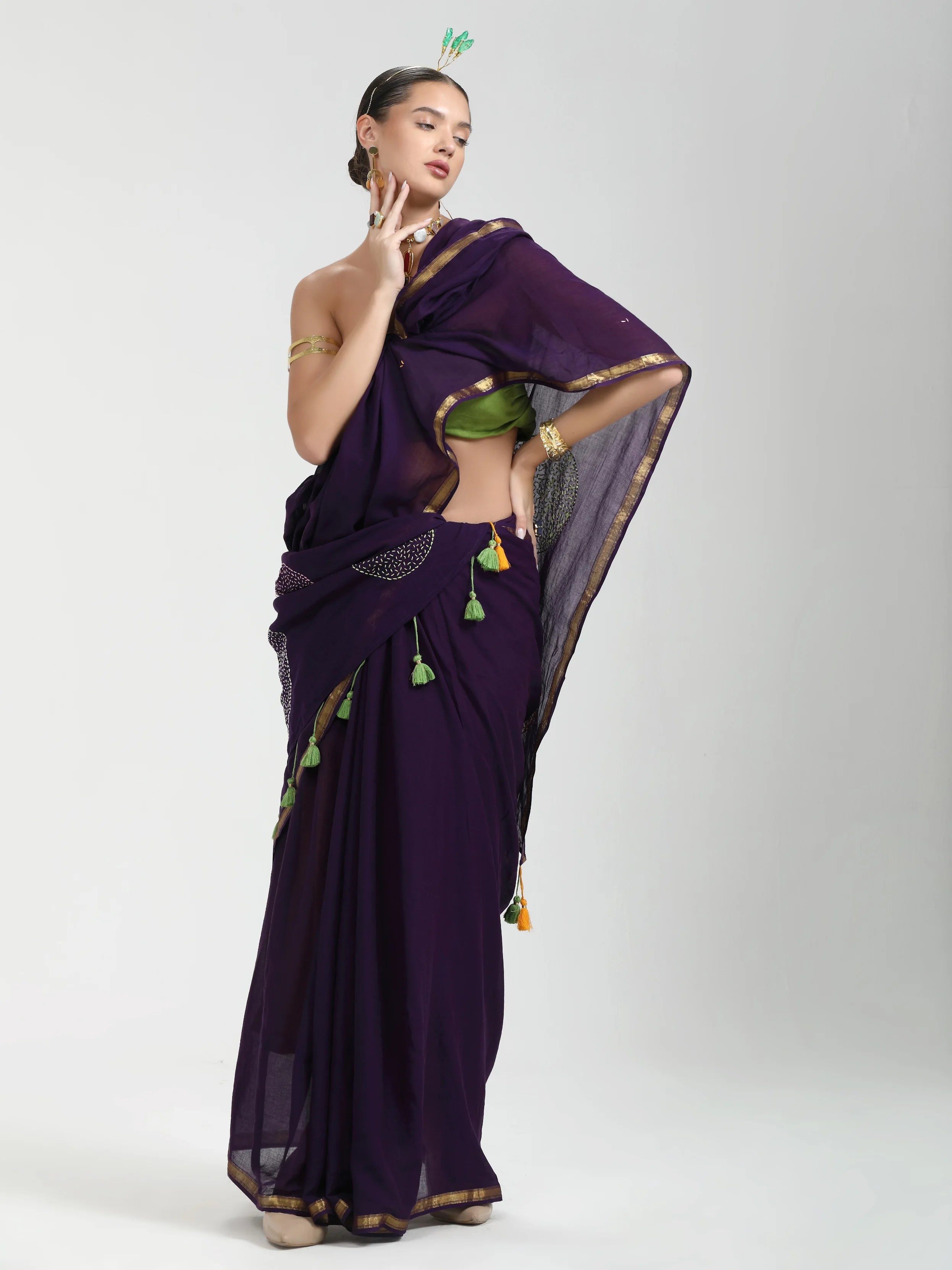 DARK PURPLE VISCOSE MUL LIVA THREAD WORK SAREES