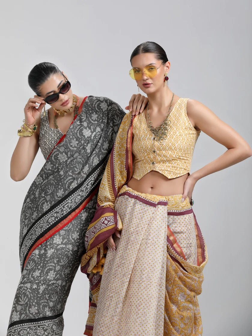 DARK YELLOW MULMUL COTTON LIVA BLOCK PRINTED SAREE