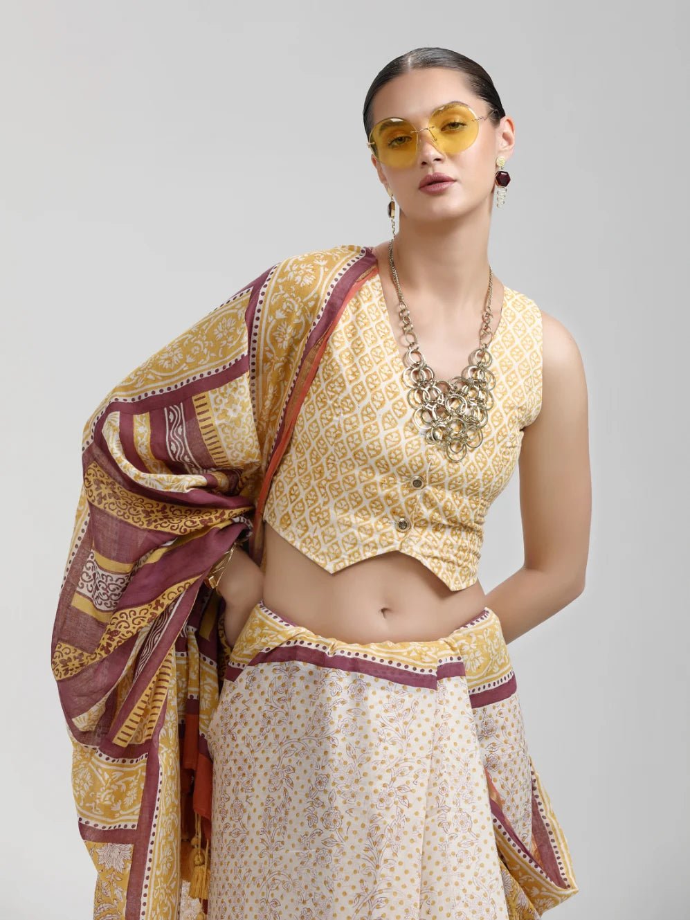 DARK YELLOW MULMUL COTTON LIVA BLOCK PRINTED SAREE