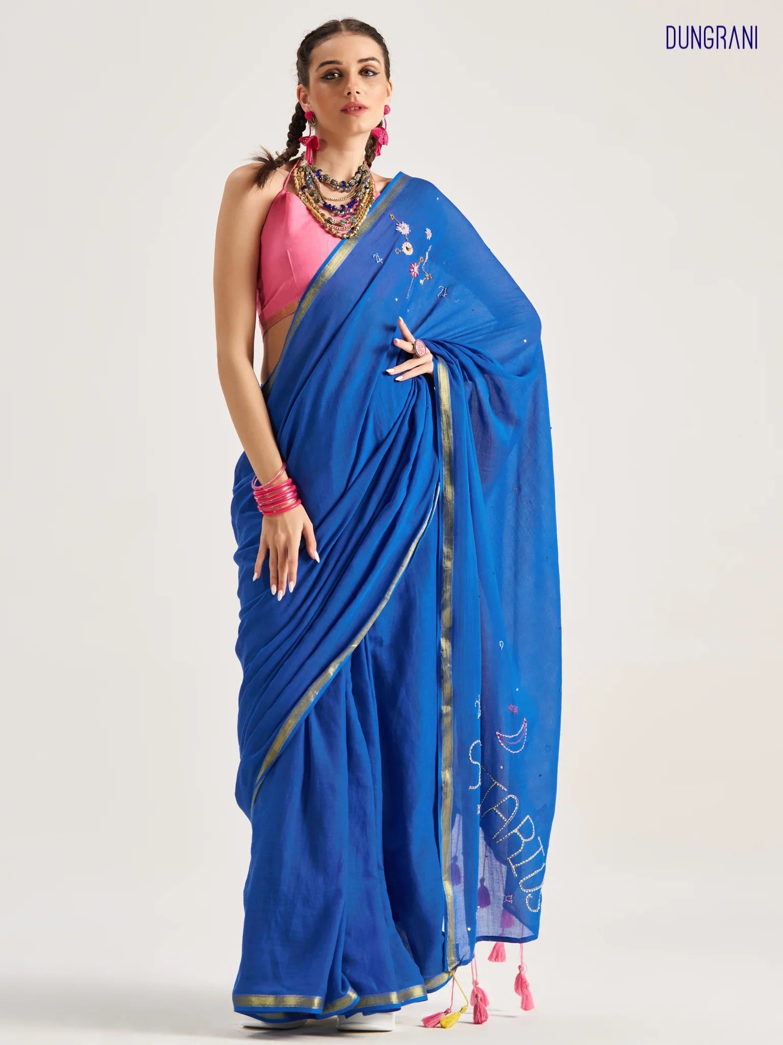 DEEP BLUE VISCOSE MUL SAGITTARIUS VEDIC ZODIAC THREAD WORK SAREES