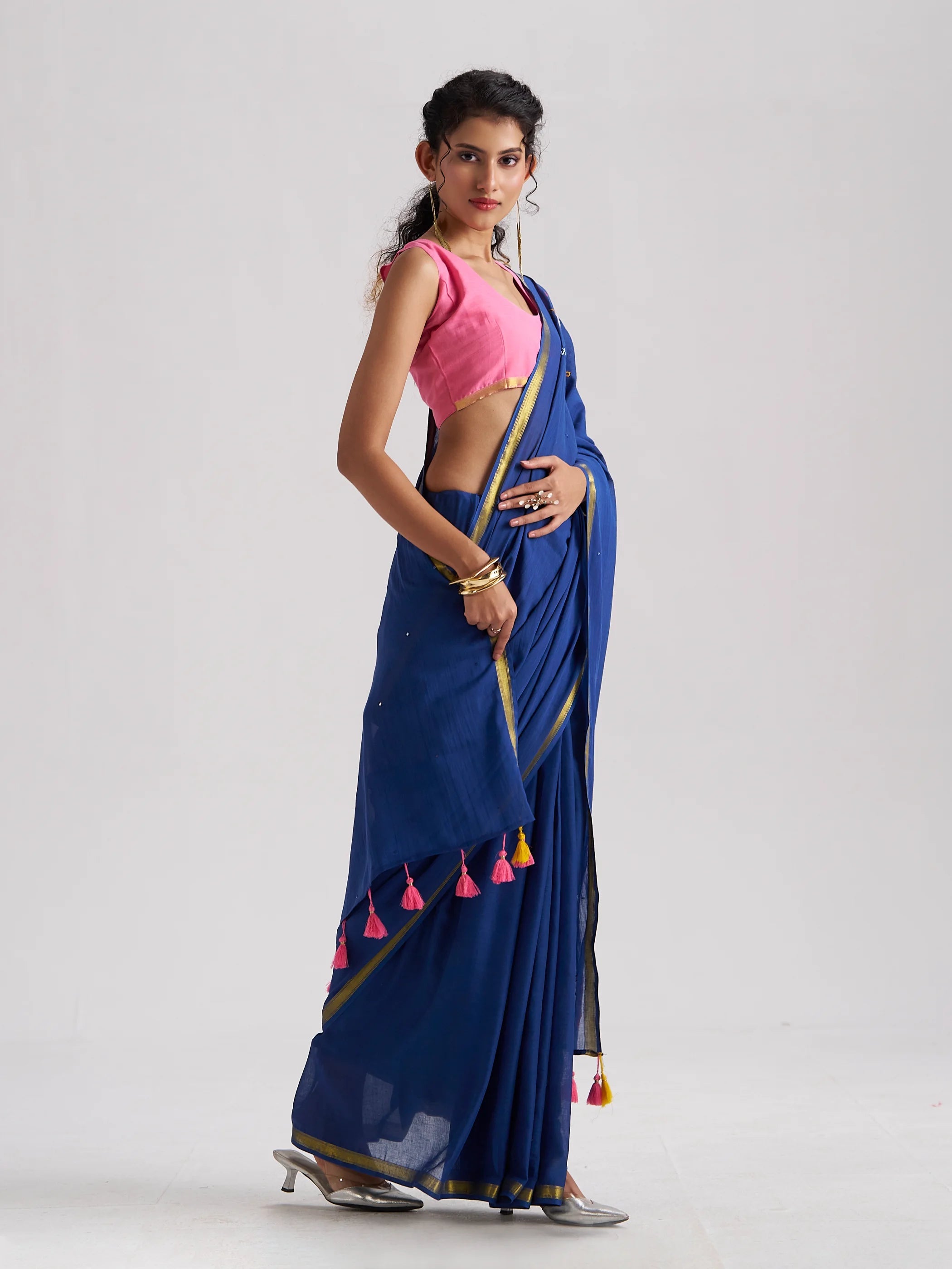 DEEP BLUE VISCOSE MUL THREAD WORK SAREES
