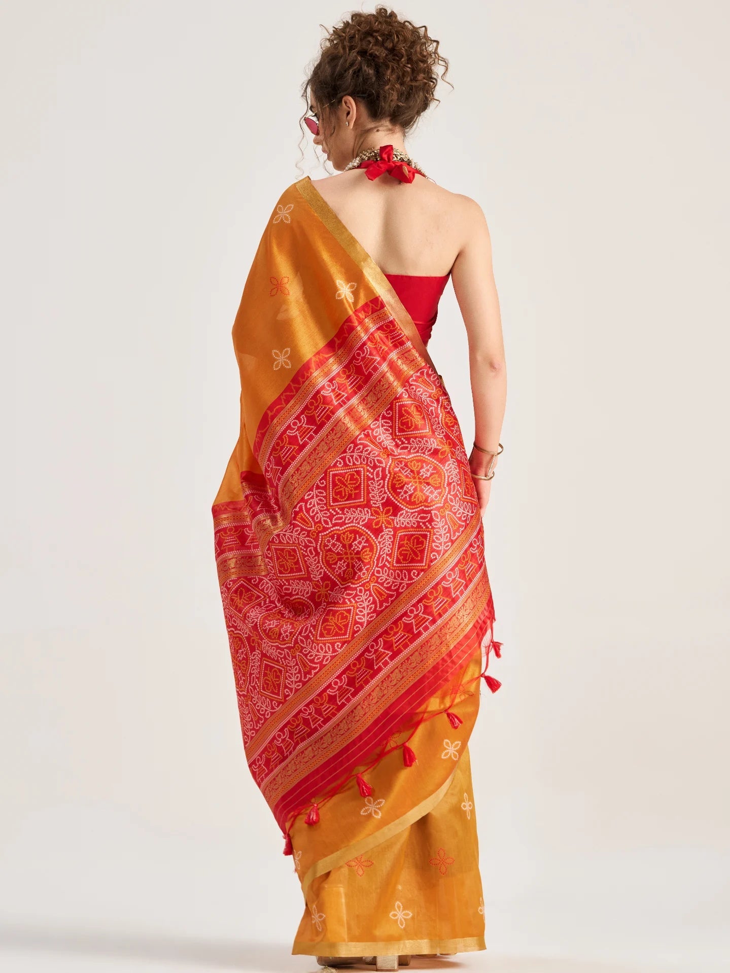DEEP ORANGE HANDWOVEN BANDHEJ ART SILK SAREE
