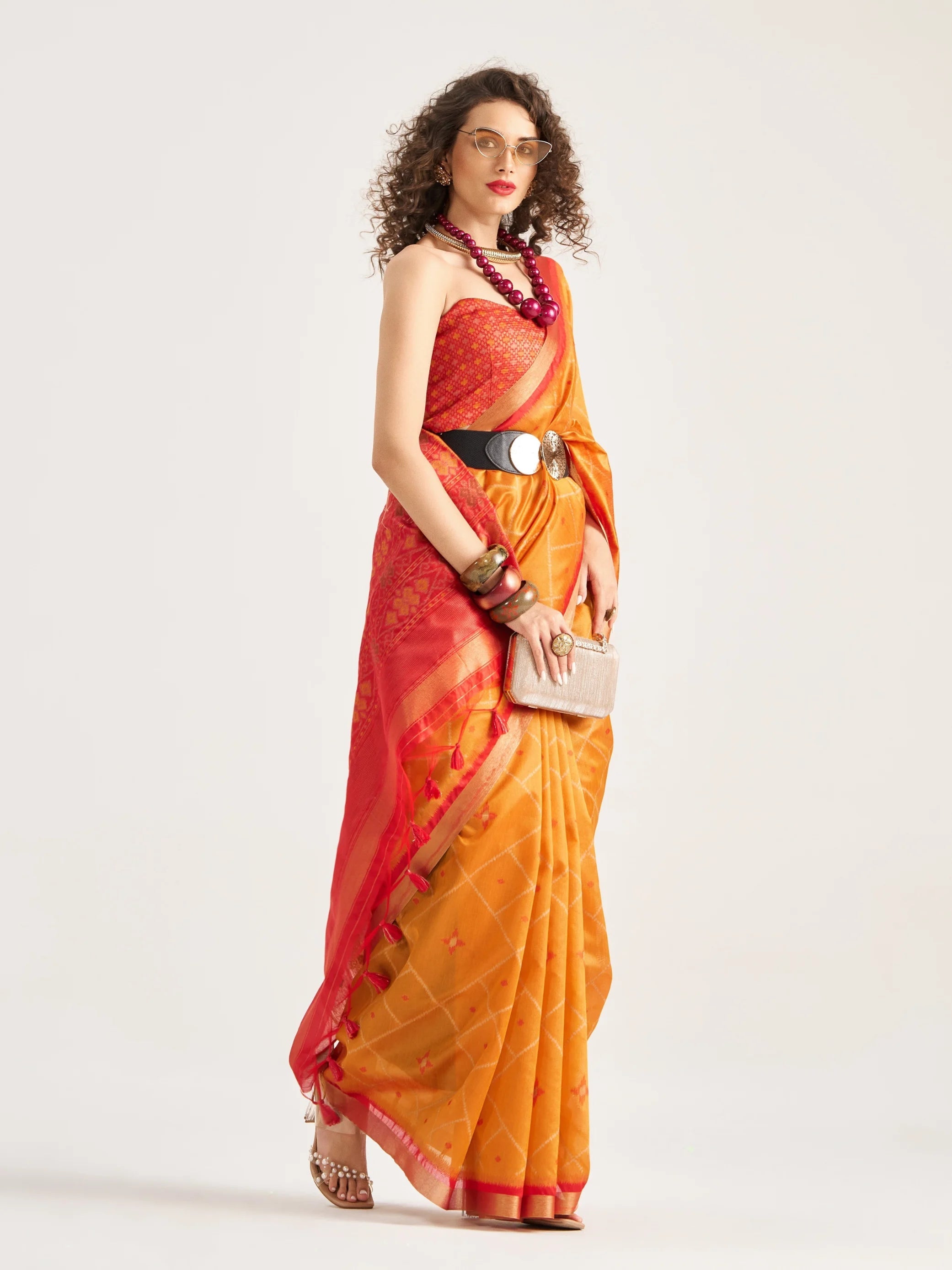 DEEP ORANGE HANDWOVEN BUTTERFLY ART SILK SAREE