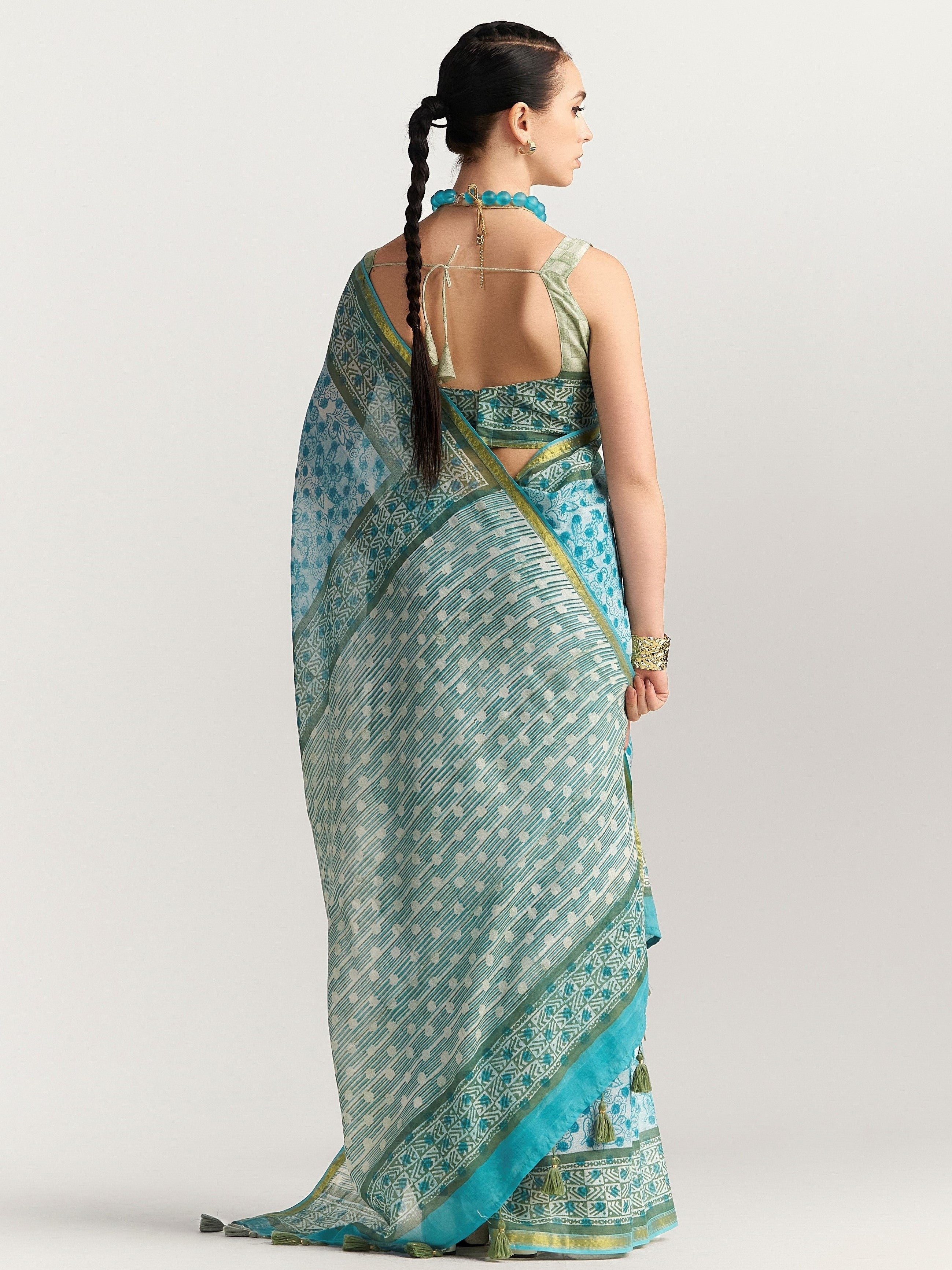 DEEP SKY BLUE MULMUL COTTON BLOCK PRINTED SAREE