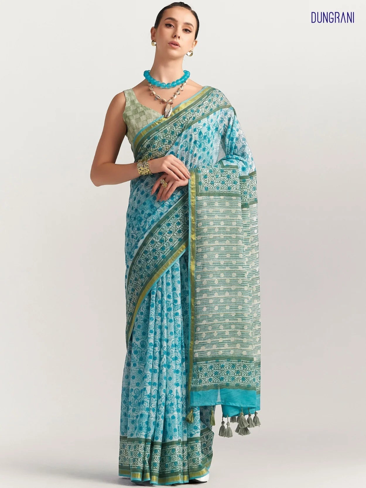 DEEP SKY BLUE MULMUL COTTON BLOCK PRINTED SAREE