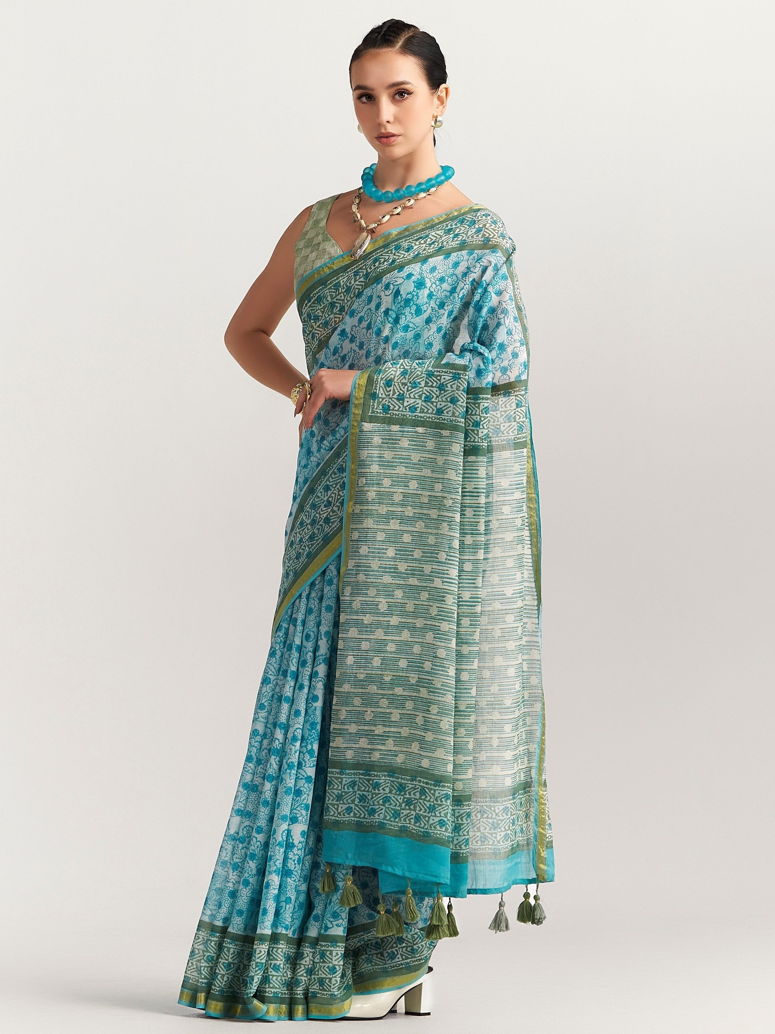 DEEP SKY BLUE MULMUL COTTON BLOCK PRINTED SAREE