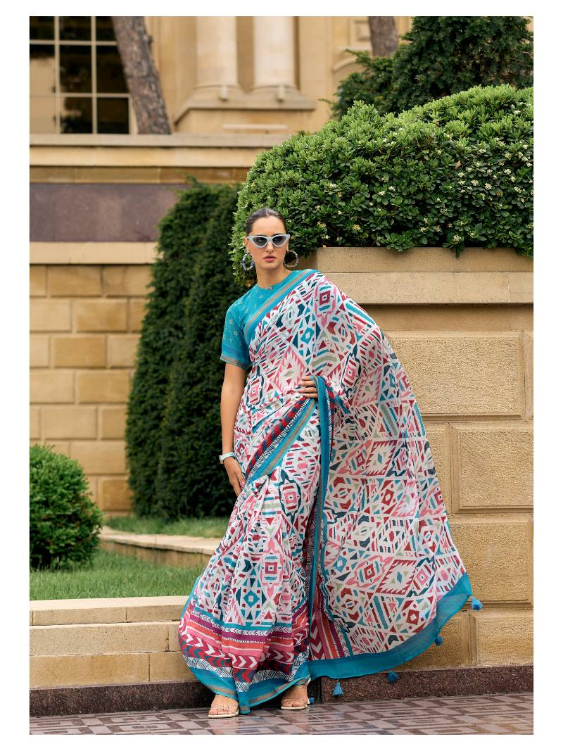 DEEP SKY BLUE VISCOSE MUL LIVA DIGITAL PRINTED SAREE