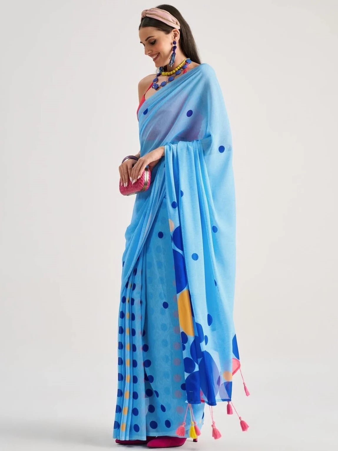 DODGER BLUE GEORGETTE POLKA POPS DIGITAL PRINTED SAREE