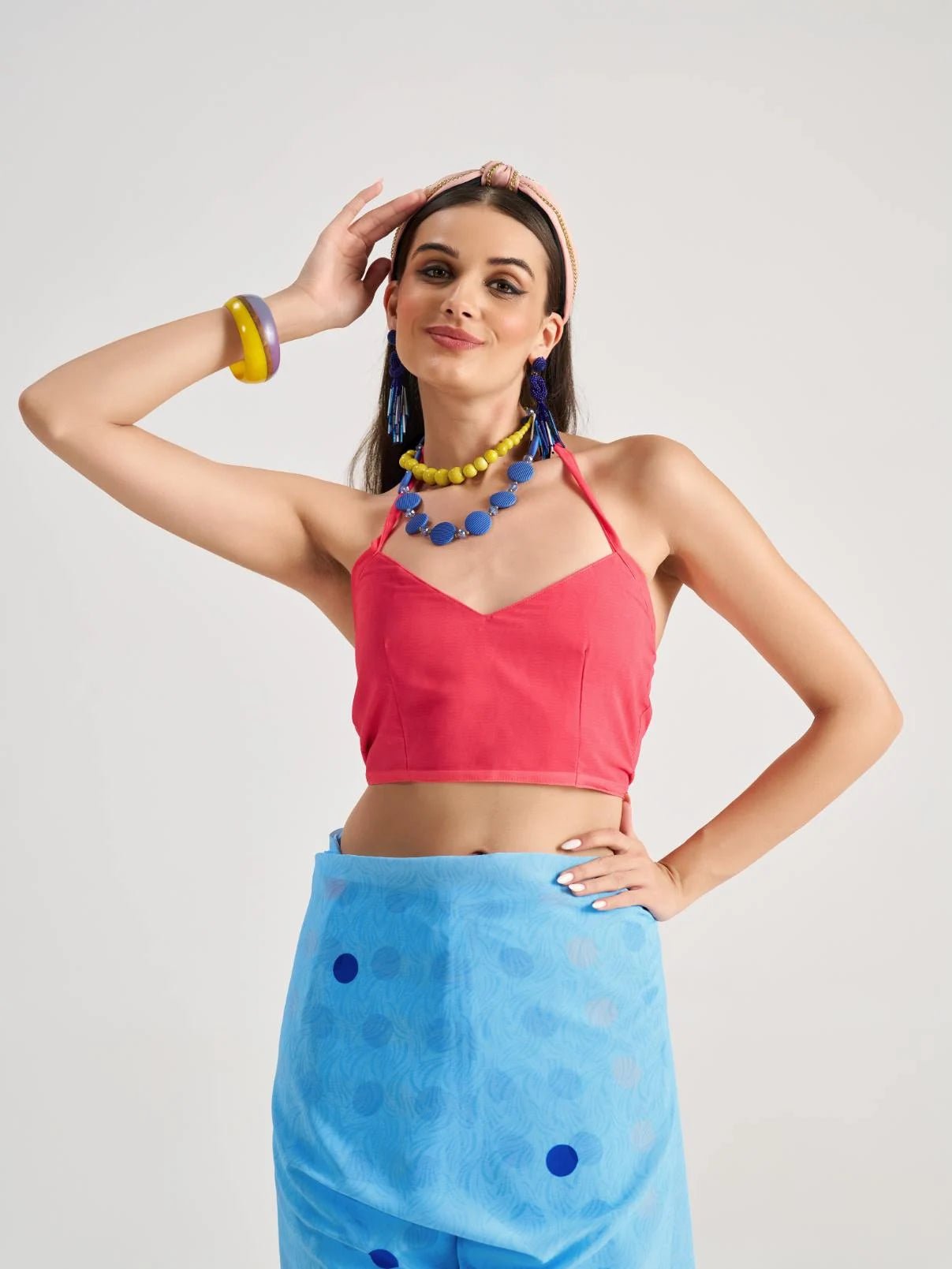 DODGER BLUE GEORGETTE POLKA POPS DIGITAL PRINTED SAREE