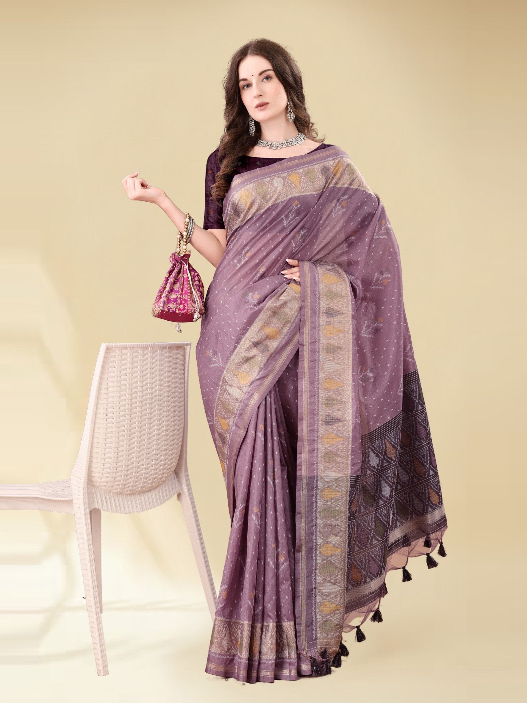 DUSTY PURPLE HANDWOVEN LEAF ART SILK SAREE