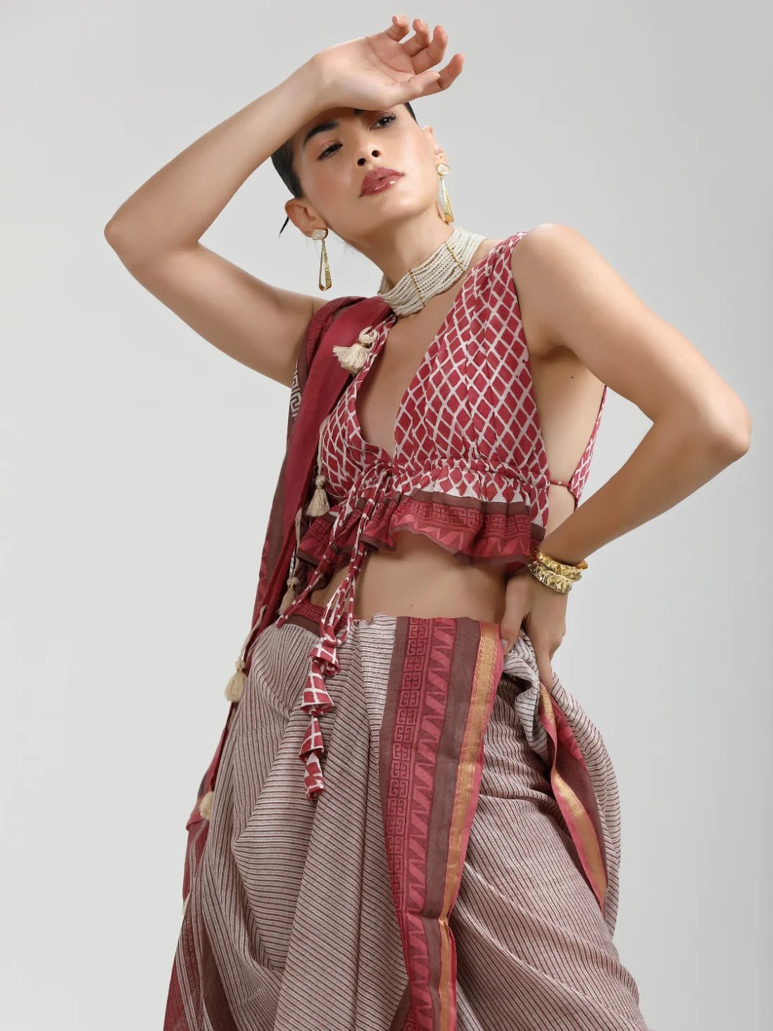 DUSTY RED MULMUL COTTON LIVA BLOCK PRINTED SAREE