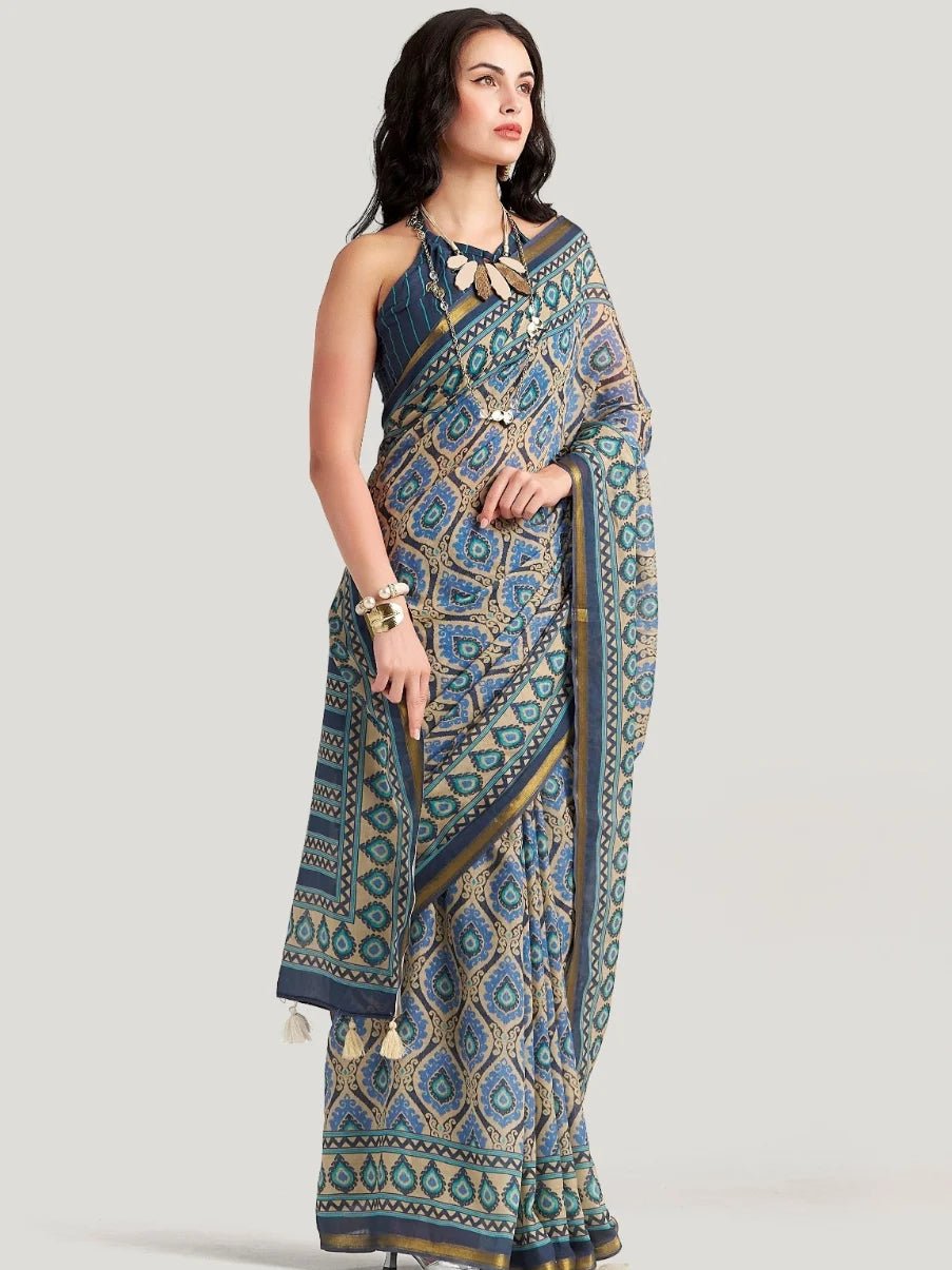 GLAUCOUS BLUE VISCOSE MUL LIVA DIGITAL PRINTED SAREE