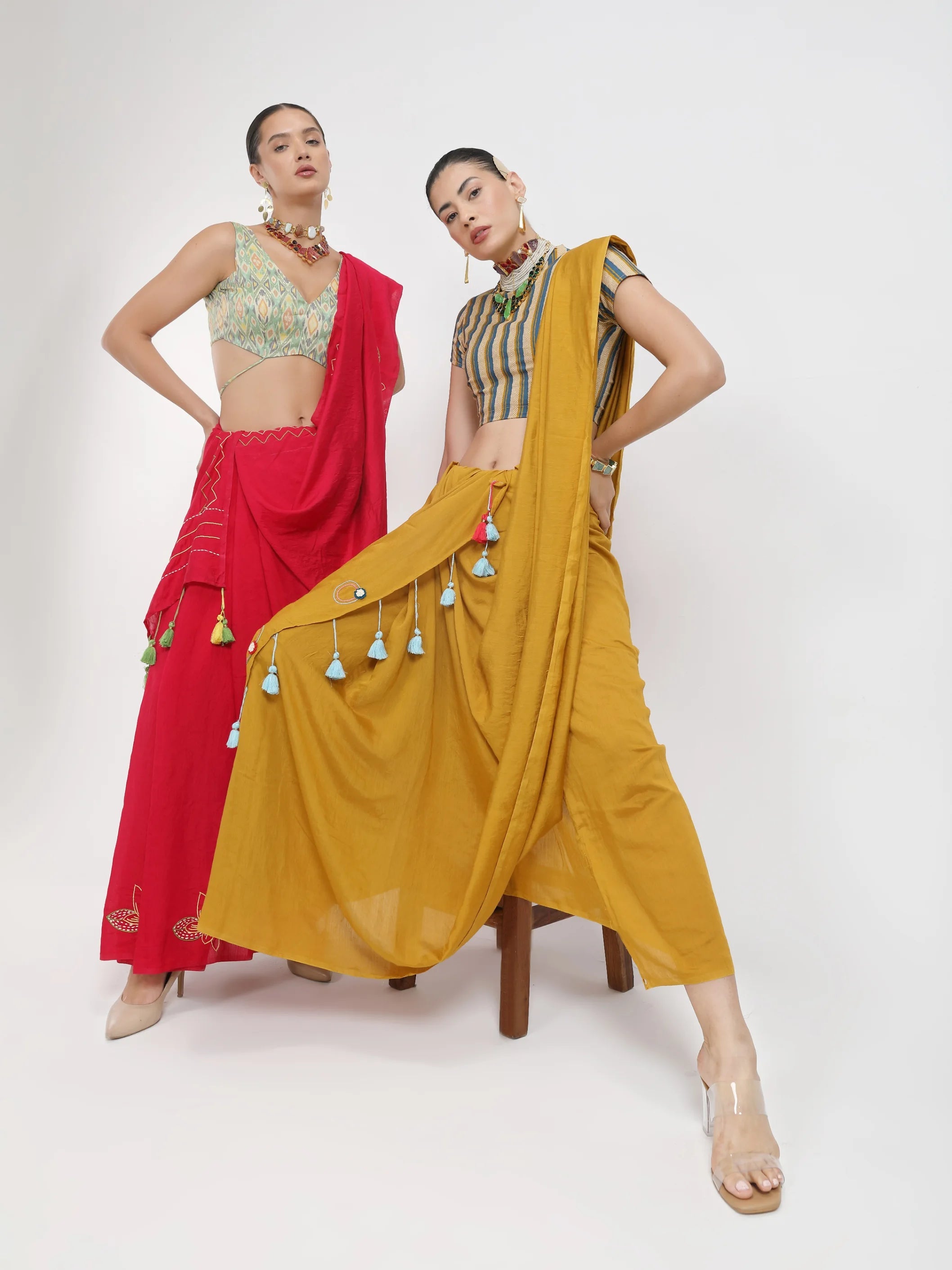 GOLDEN YELLOW VISCOSE MUL THREAD WORK SAREES