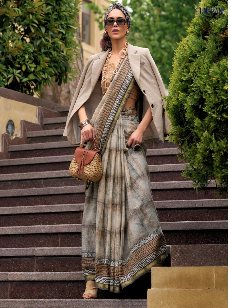 GRAY & CREAM VISCOSE MUL LIVA BLOCK PRINTED SAREE