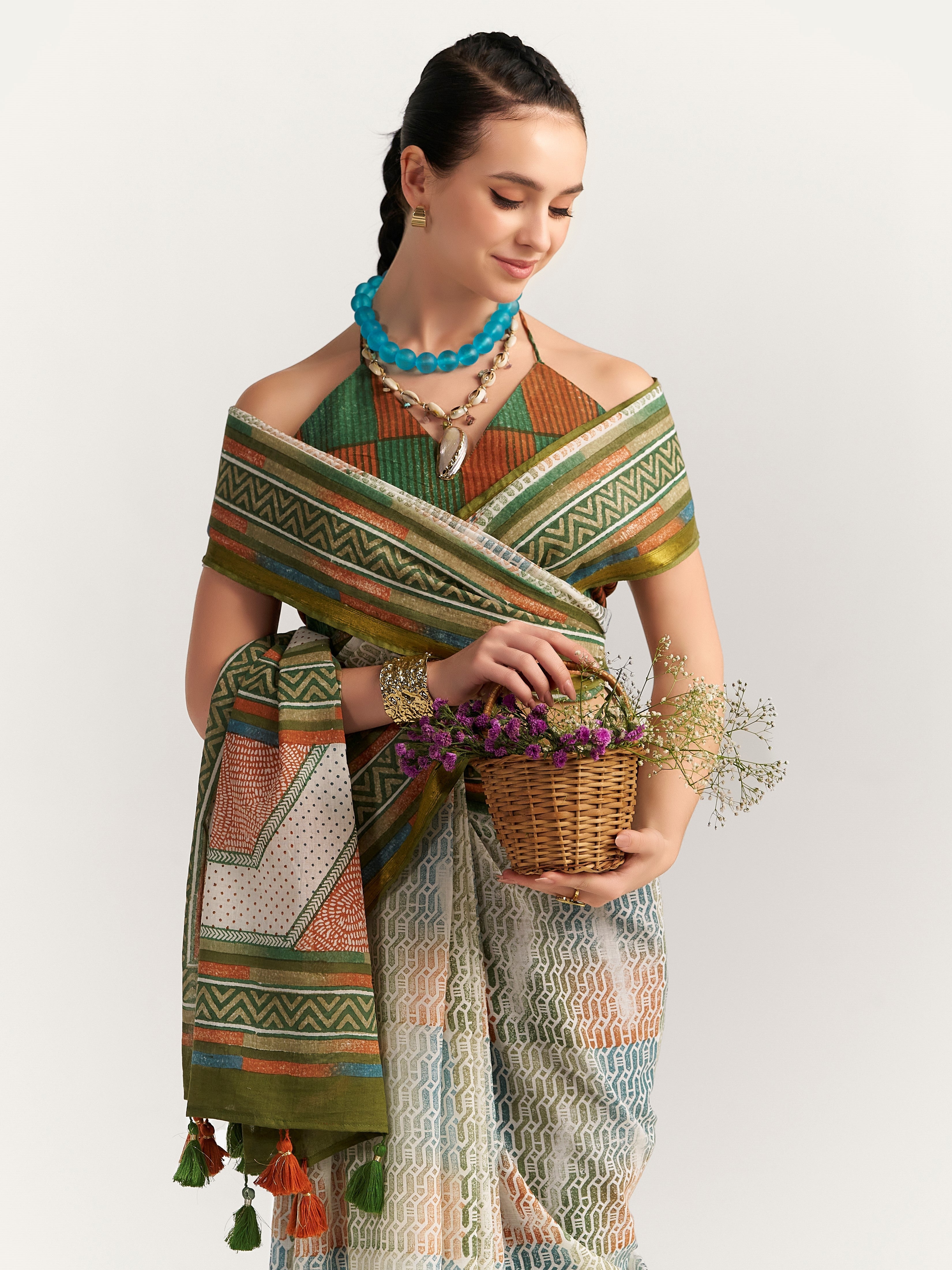 GREEN & RUSTY ORANGE VISCOSE MUL BLOCK PRINTED SAREE