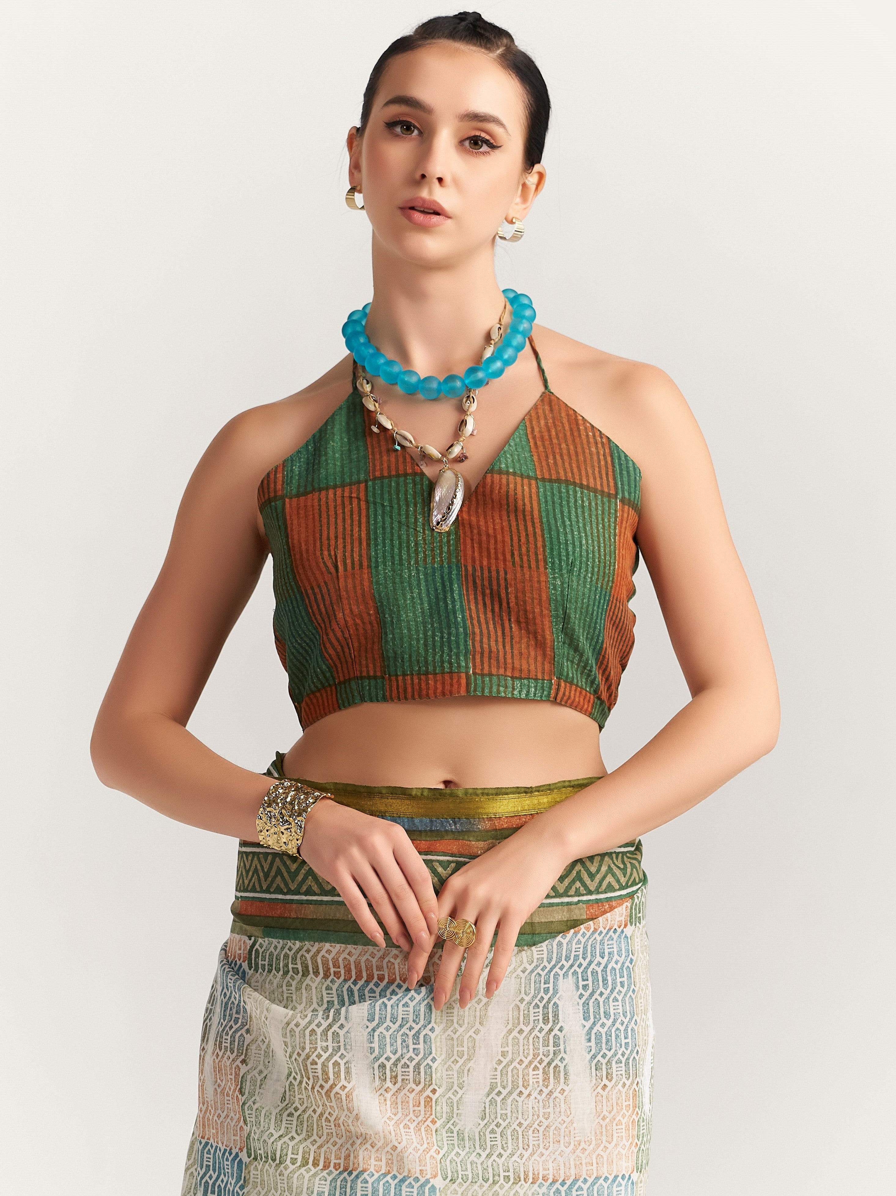 GREEN & RUSTY ORANGE VISCOSE MUL BLOCK PRINTED SAREE