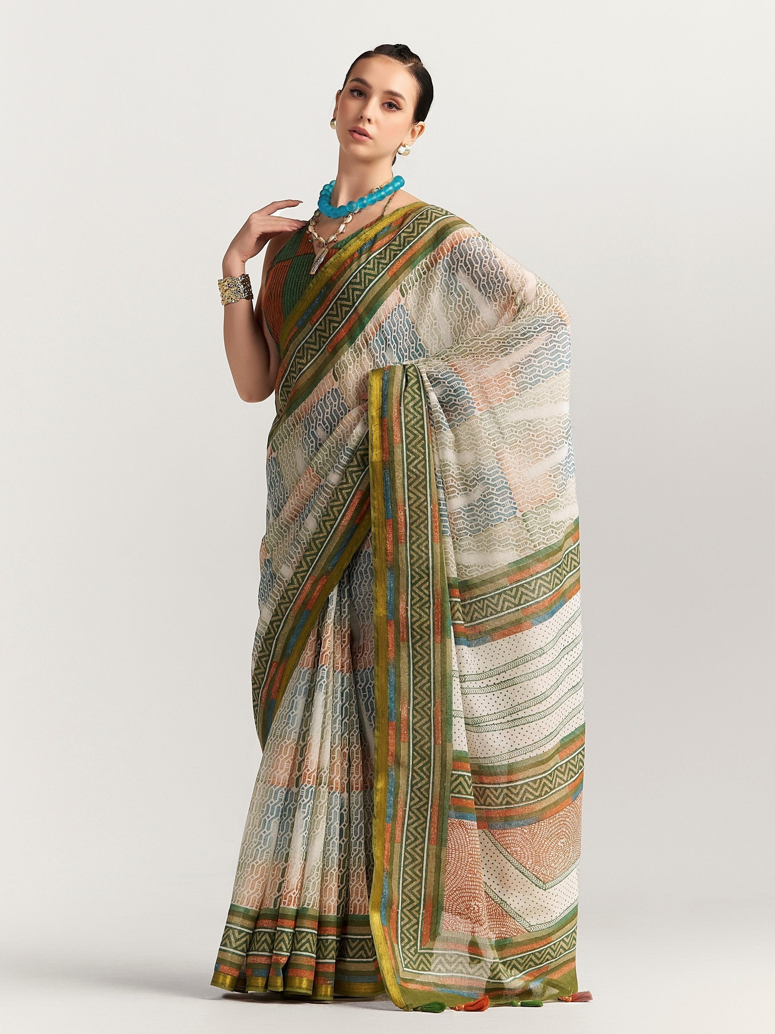 GREEN & RUSTY ORANGE VISCOSE MUL BLOCK PRINTED SAREE