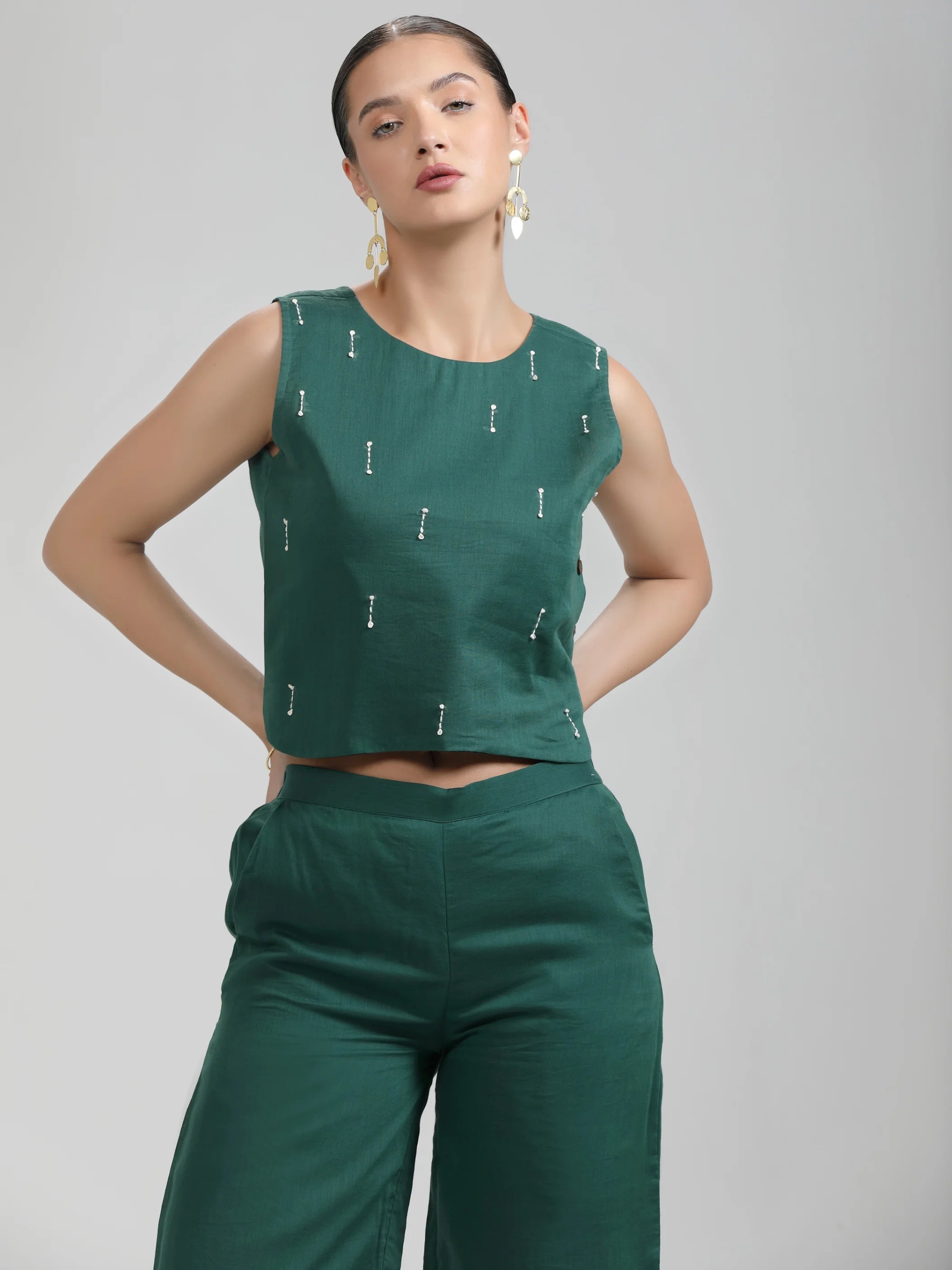 GREEN MULMUL COTTON HAND EMBROIDERD CROP TOP WITH PANTS