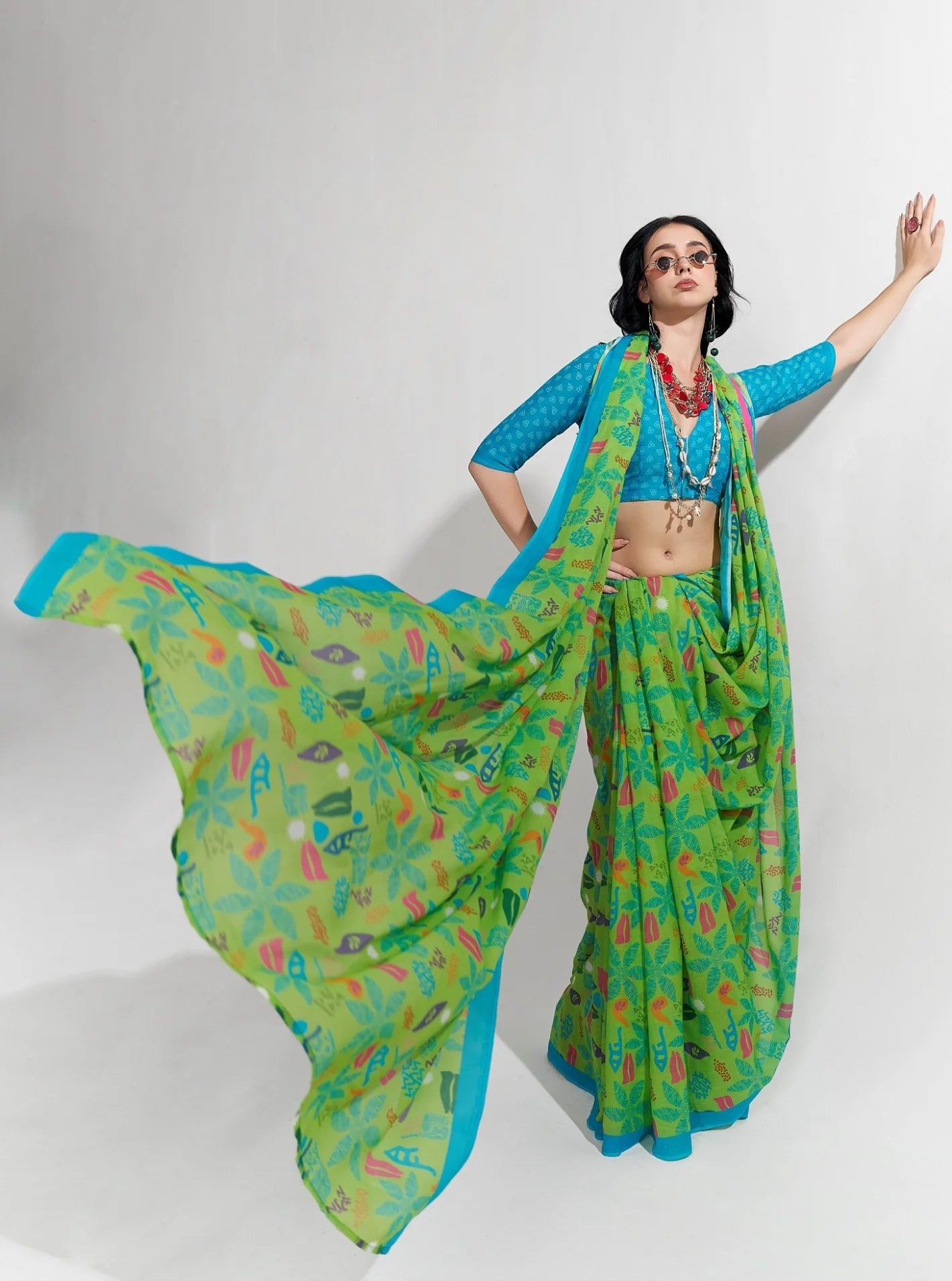 GREEN VISCOSE MUL LIVA DIGITAL PRINTED SAREE