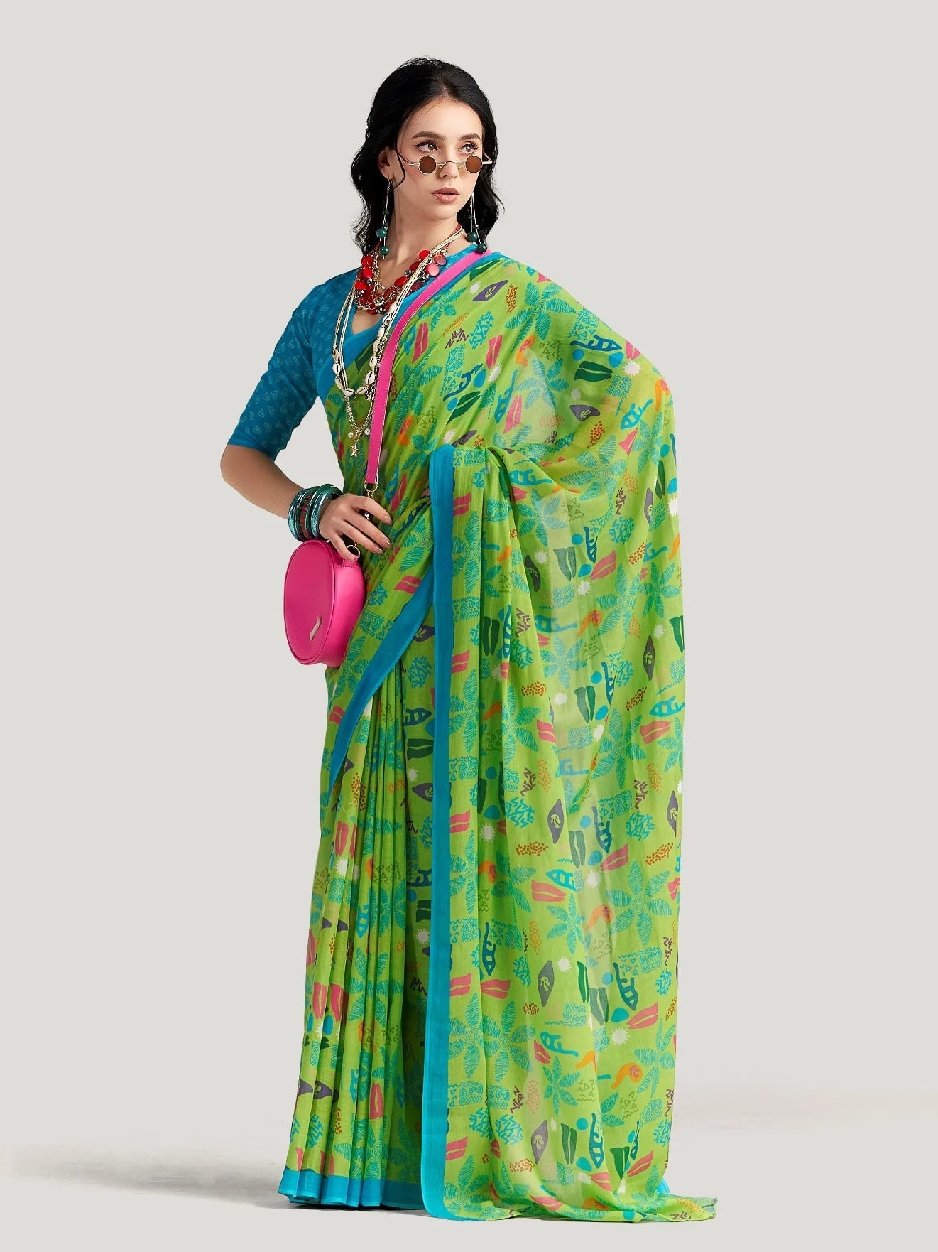 GREEN VISCOSE MUL LIVA DIGITAL PRINTED SAREE