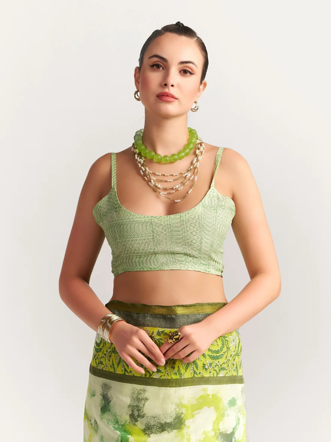 GREEN & YELLOW SHADE VISCOSE MUL BLOCK PRINTED SAREE