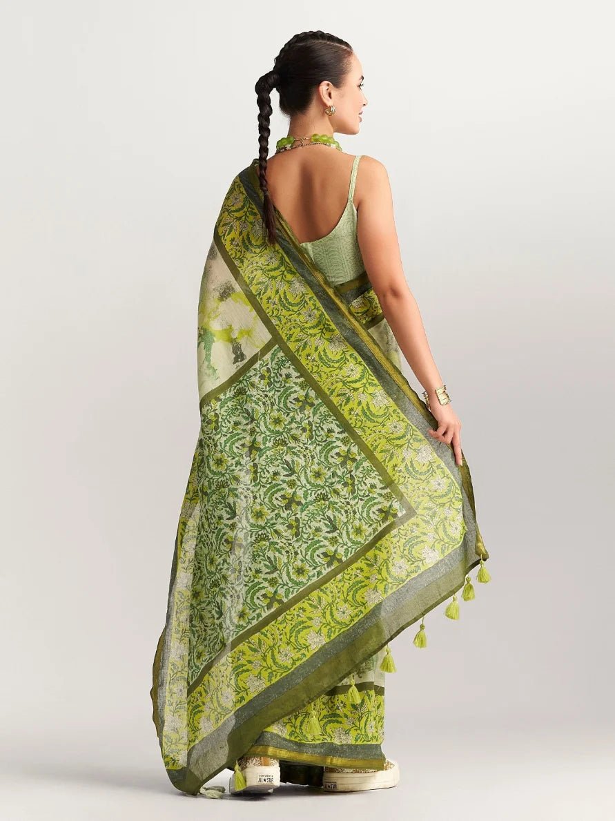 GREEN & YELLOW SHADE VISCOSE MUL BLOCK PRINTED SAREE