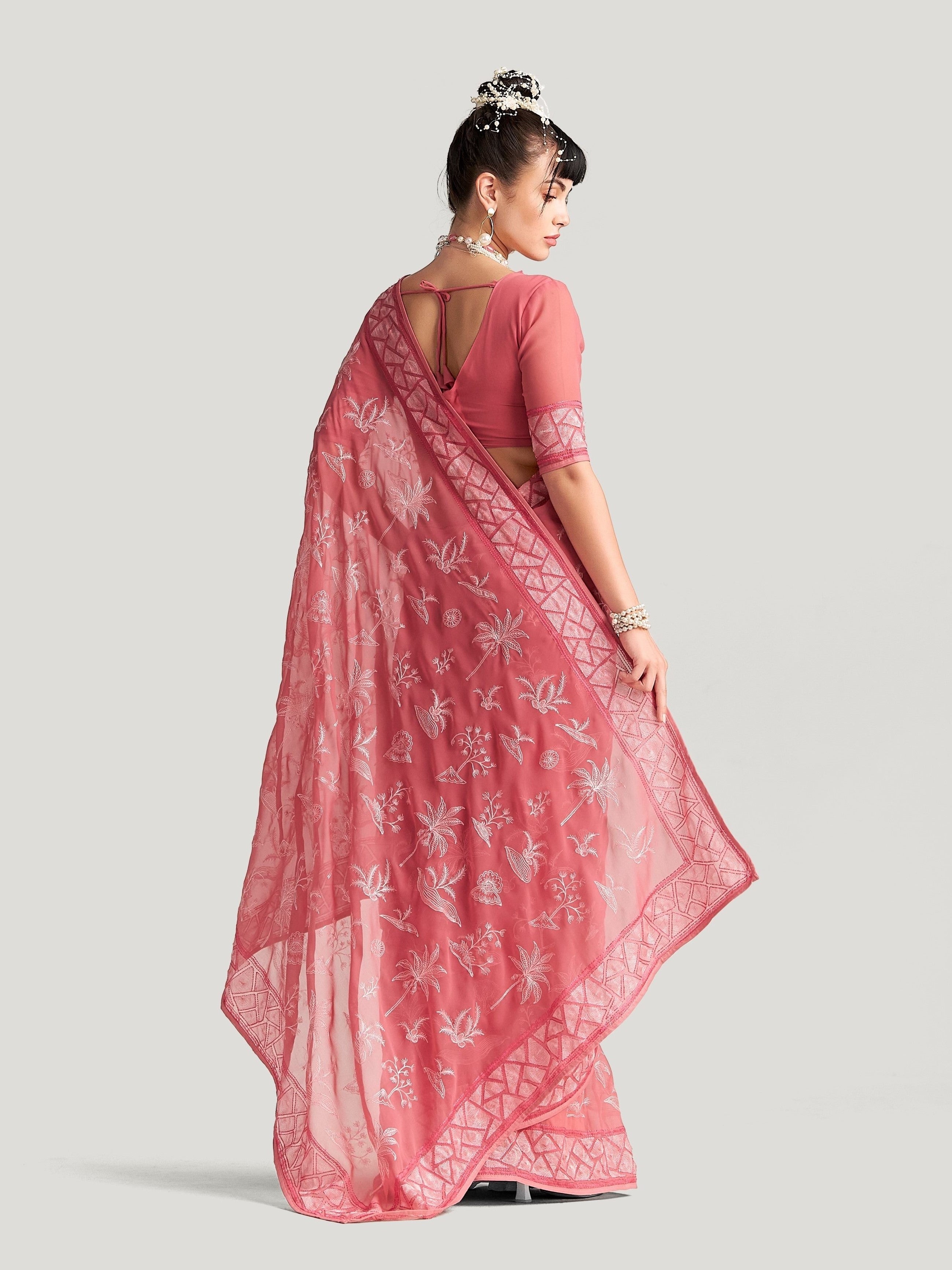 HOT PINK GEORGETTE TREE PRINTED EMBROIDERY SAREE