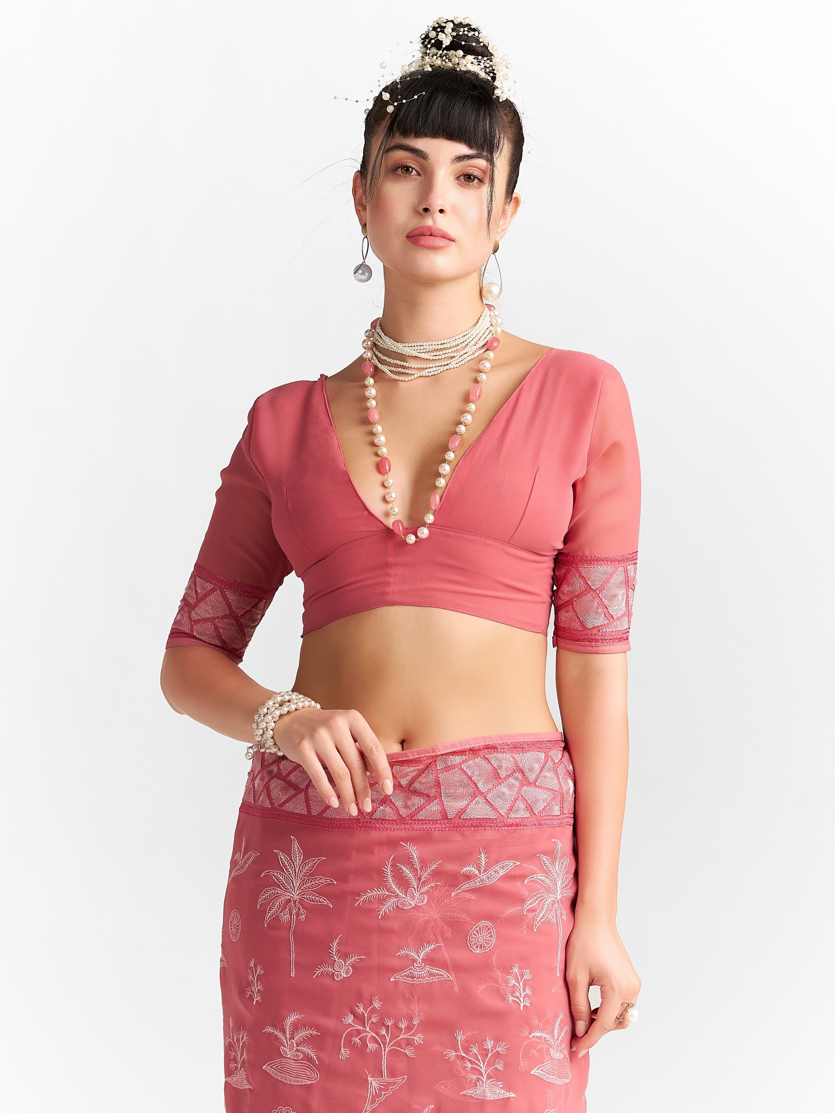 HOT PINK GEORGETTE TREE PRINTED EMBROIDERY SAREE