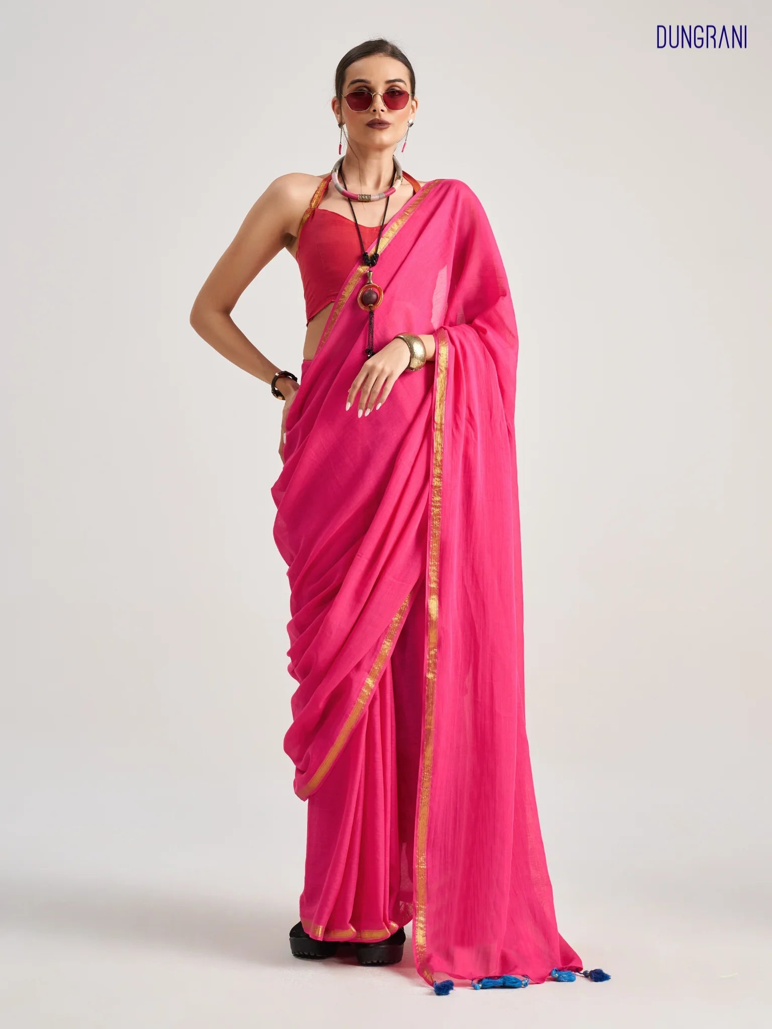HOT PINK VISCOSE MUL LIVA SOLID SAREE