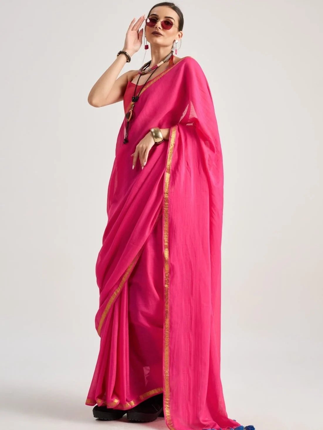HOT PINK VISCOSE MUL LIVA SOLID SAREE