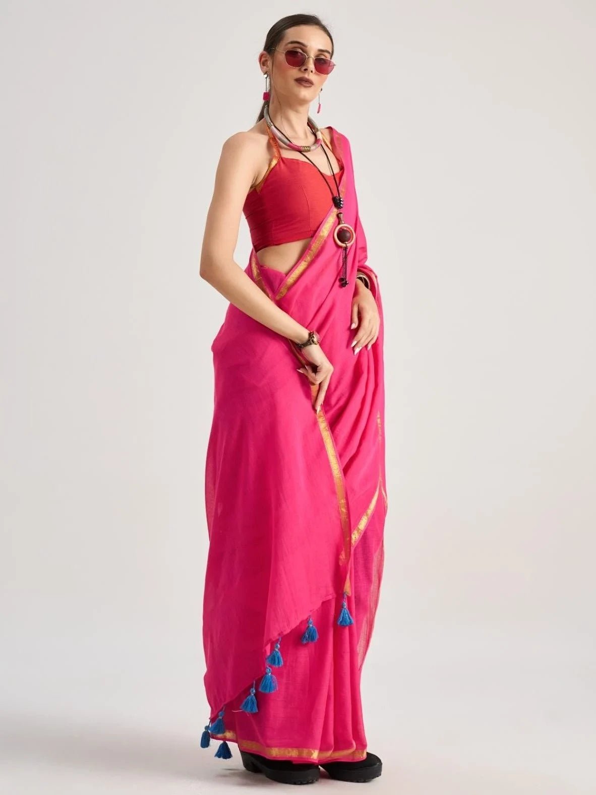 HOT PINK MULMUL COTTON LIVA SOLID SAREE