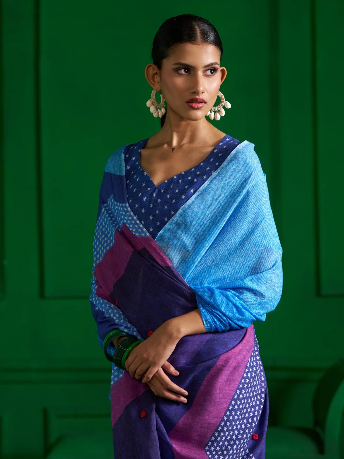 INK BLUE VISCOSE MUL OMBRE DENIM PRINT SAREE