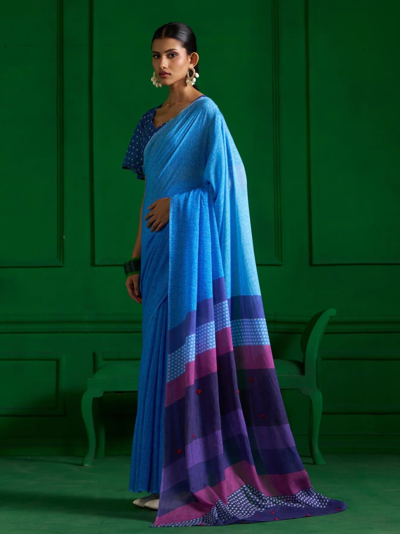 INK BLUE VISCOSE MUL OMBRE DENIM PRINT SAREE