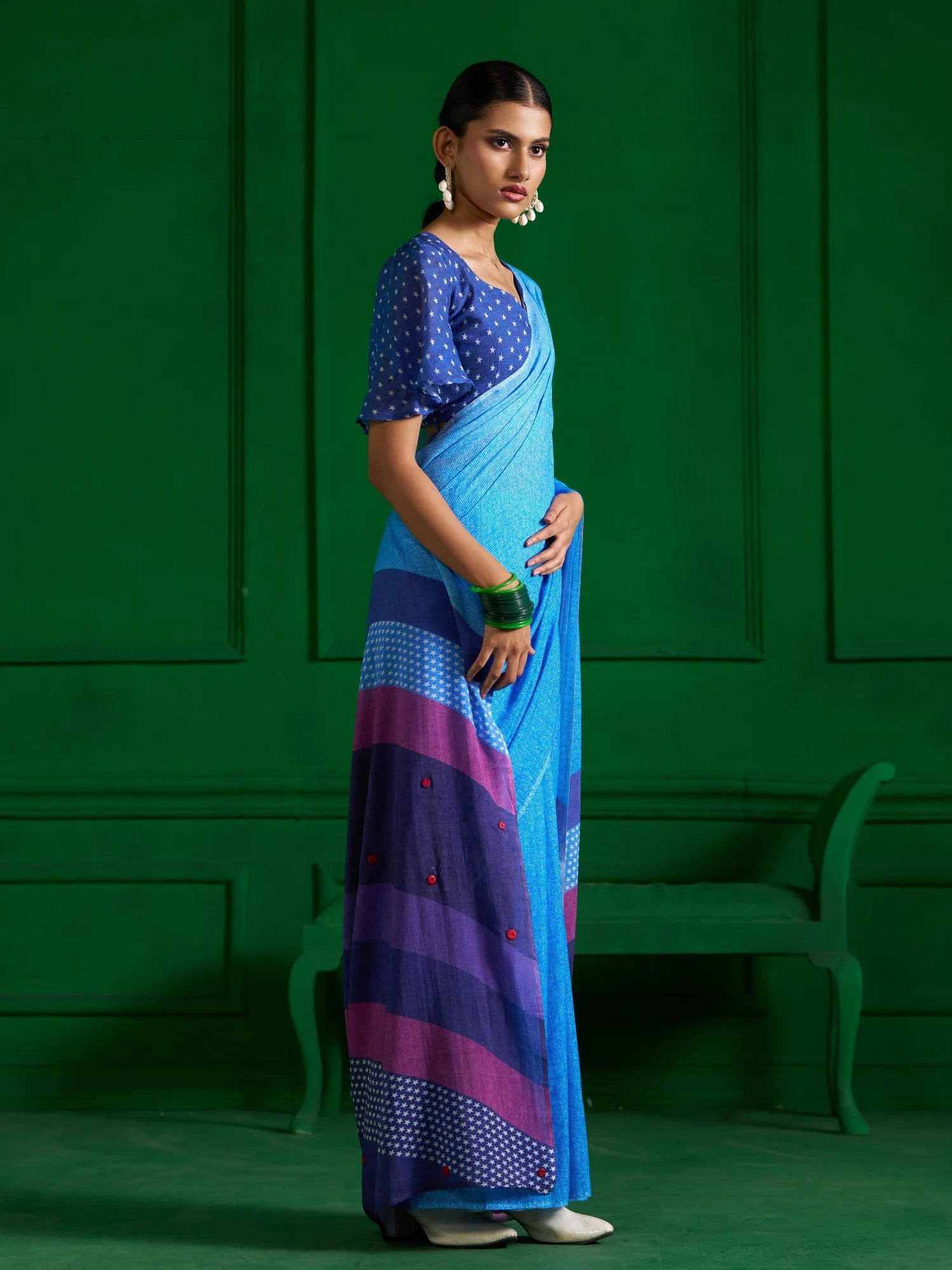 INK BLUE VISCOSE MUL OMBRE DENIM PRINT SAREE